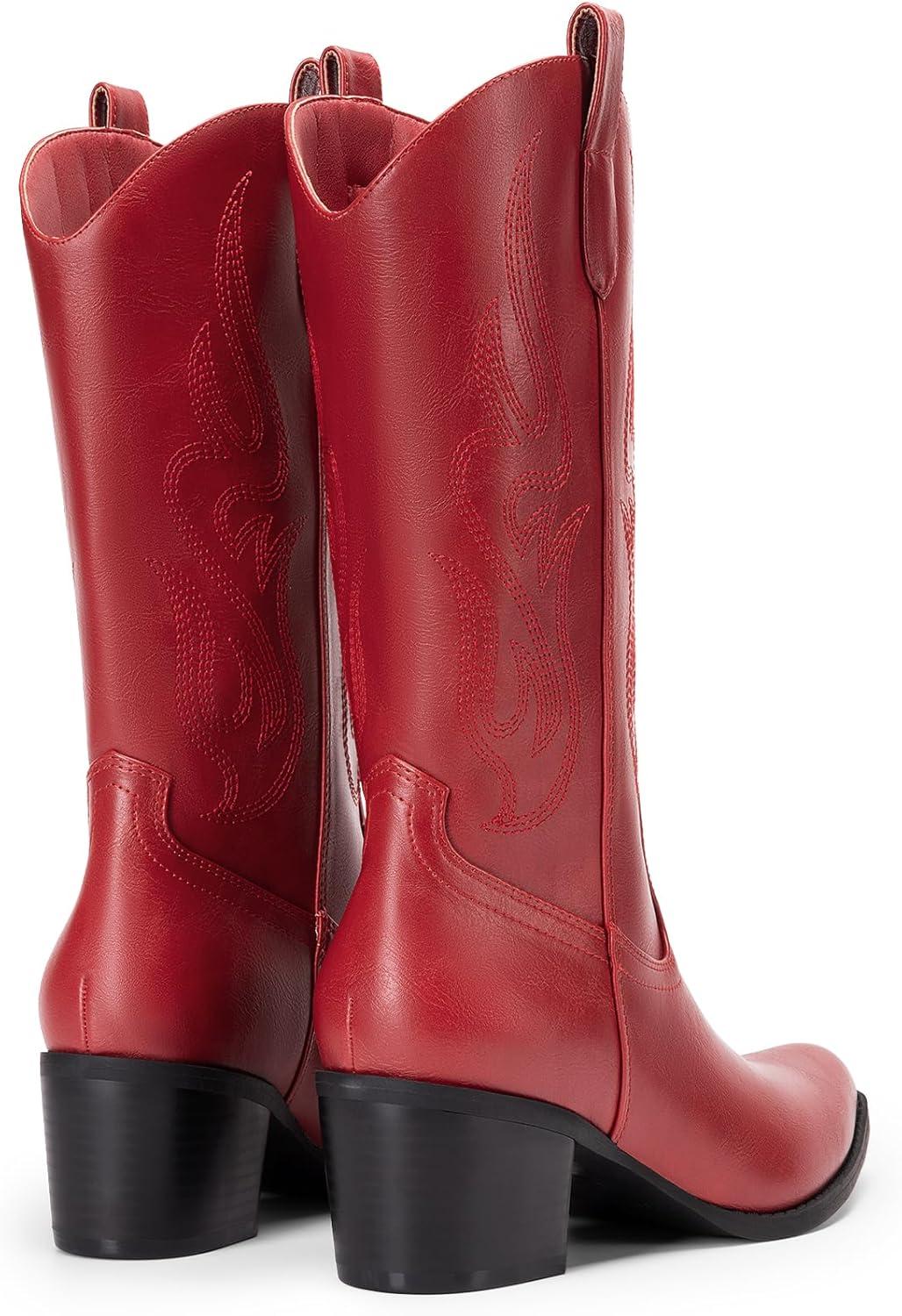 imageDREAM PAIRS Womens Square Toe Cowboy Cowgirl Boots Embroidered Mid Calf Western Boots Fashion Dress Low Chunky Heel Boots for Theme Party Country ConcertRedpu