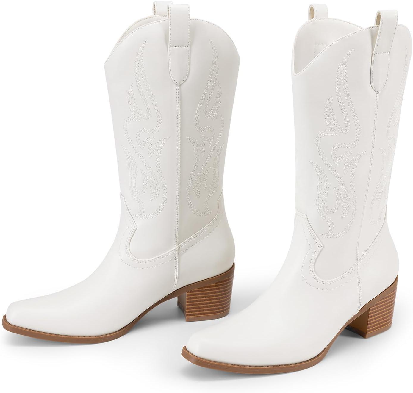 imageDREAM PAIRS Womens Square Toe Cowboy Cowgirl Boots Embroidered Mid Calf Western Boots Fashion Dress Low Chunky Heel Boots for Theme Party Country ConcertWhitepu