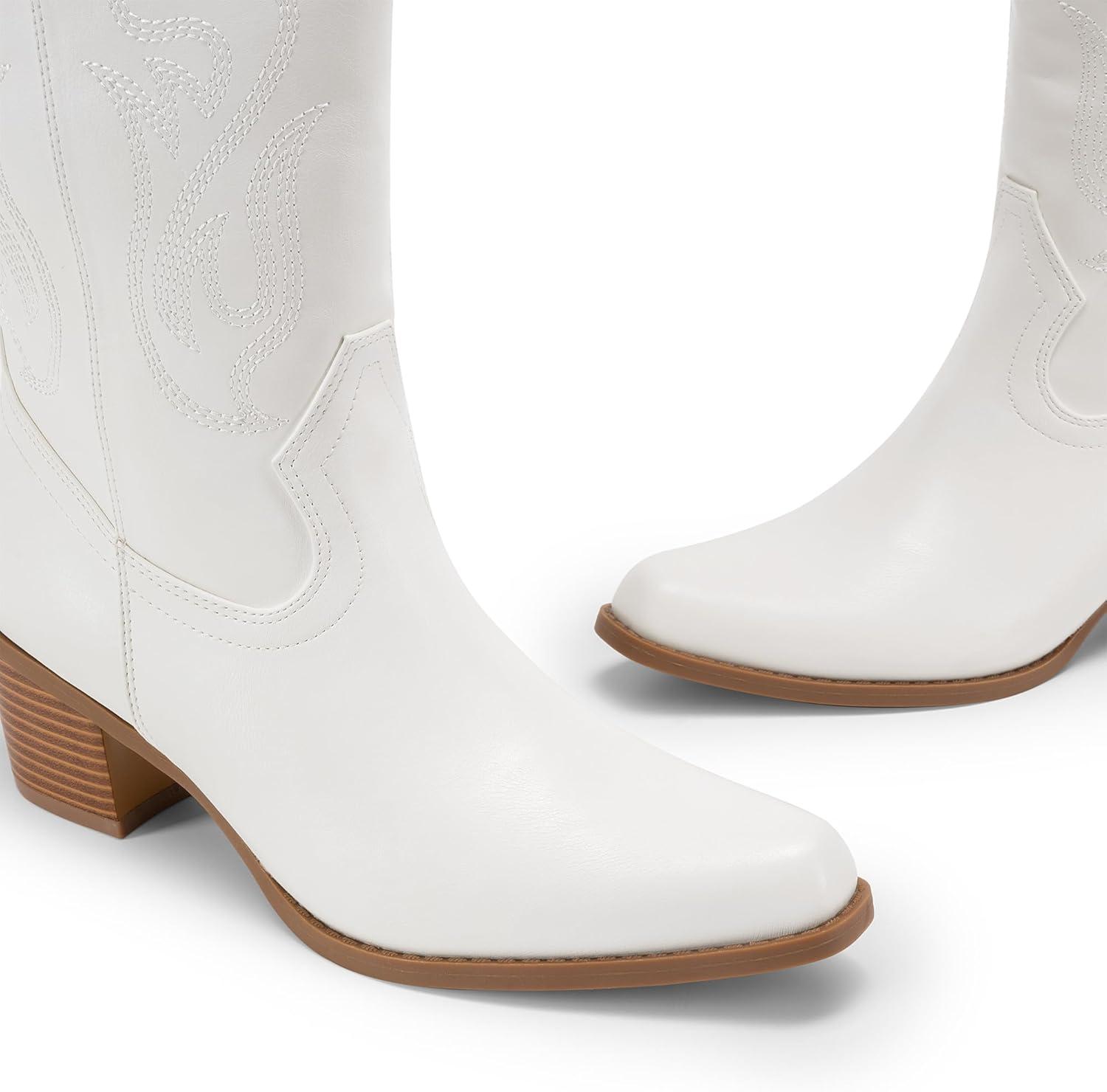 imageDREAM PAIRS Womens Square Toe Cowboy Cowgirl Boots Embroidered Mid Calf Western Boots Fashion Dress Low Chunky Heel Boots for Theme Party Country ConcertWhitepu