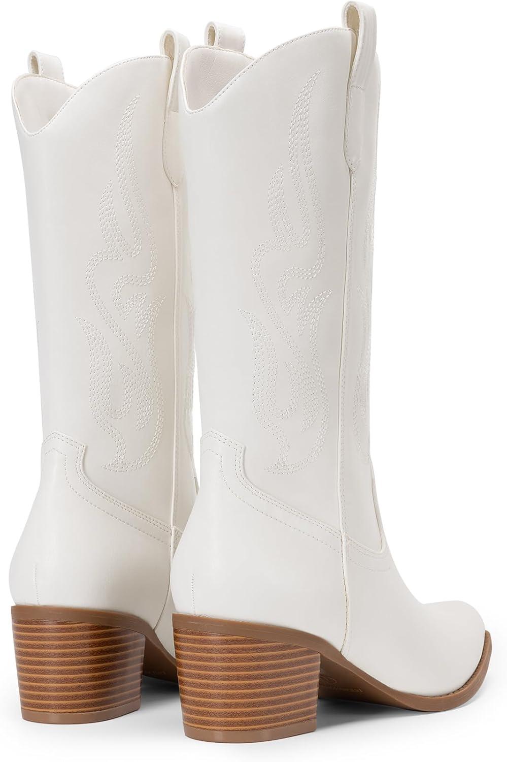 imageDREAM PAIRS Womens Square Toe Cowboy Cowgirl Boots Embroidered Mid Calf Western Boots Fashion Dress Low Chunky Heel Boots for Theme Party Country ConcertWhitepu