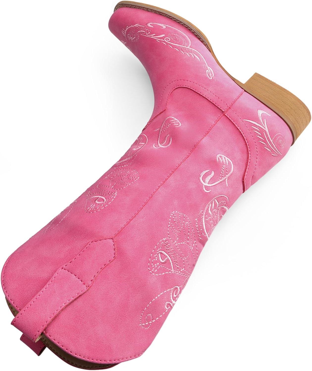 imageDREAM PAIRS Womens Square Toe Cowboy Cowgirl Boots Pull On Low Chunky Heel Mid Calf Western Boots with Embroidered Stitched for Theme Party Country ConcertPink