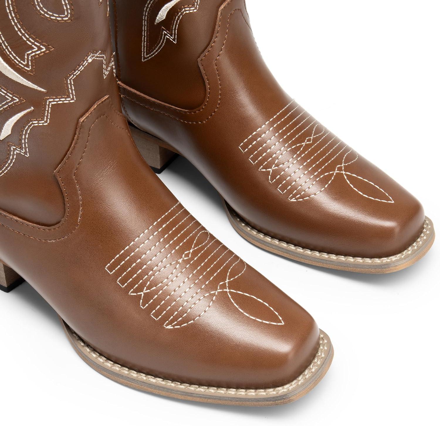 imageDREAM PAIRS Womens Square Toe Cowboy Cowgirl Boots Pull On Low Chunky Heel Mid Calf Western Boots with Embroidered Stitched for Theme Party Country ConcertBrown1