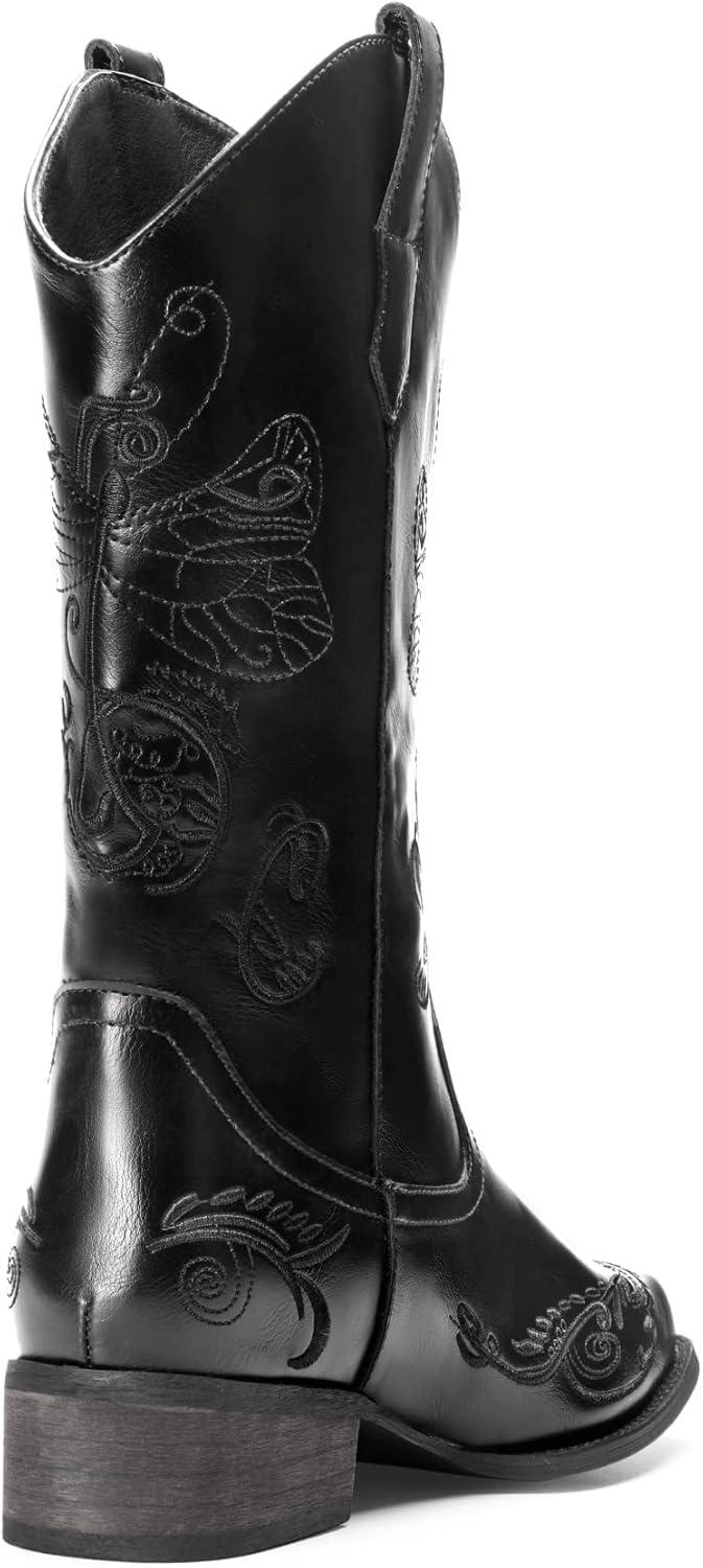 imageDREAM PAIRS Womens Square Toe Cowboy Cowgirl Boots Pull On Low Chunky Heel Mid Calf Western Boots with Embroidered Stitched for Theme Party Country ConcertBlack