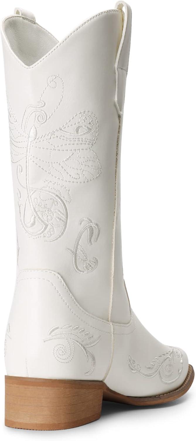 imageDREAM PAIRS Womens Square Toe Cowboy Cowgirl Boots Pull On Low Chunky Heel Mid Calf Western Boots with Embroidered Stitched for Theme Party Country ConcertWhite