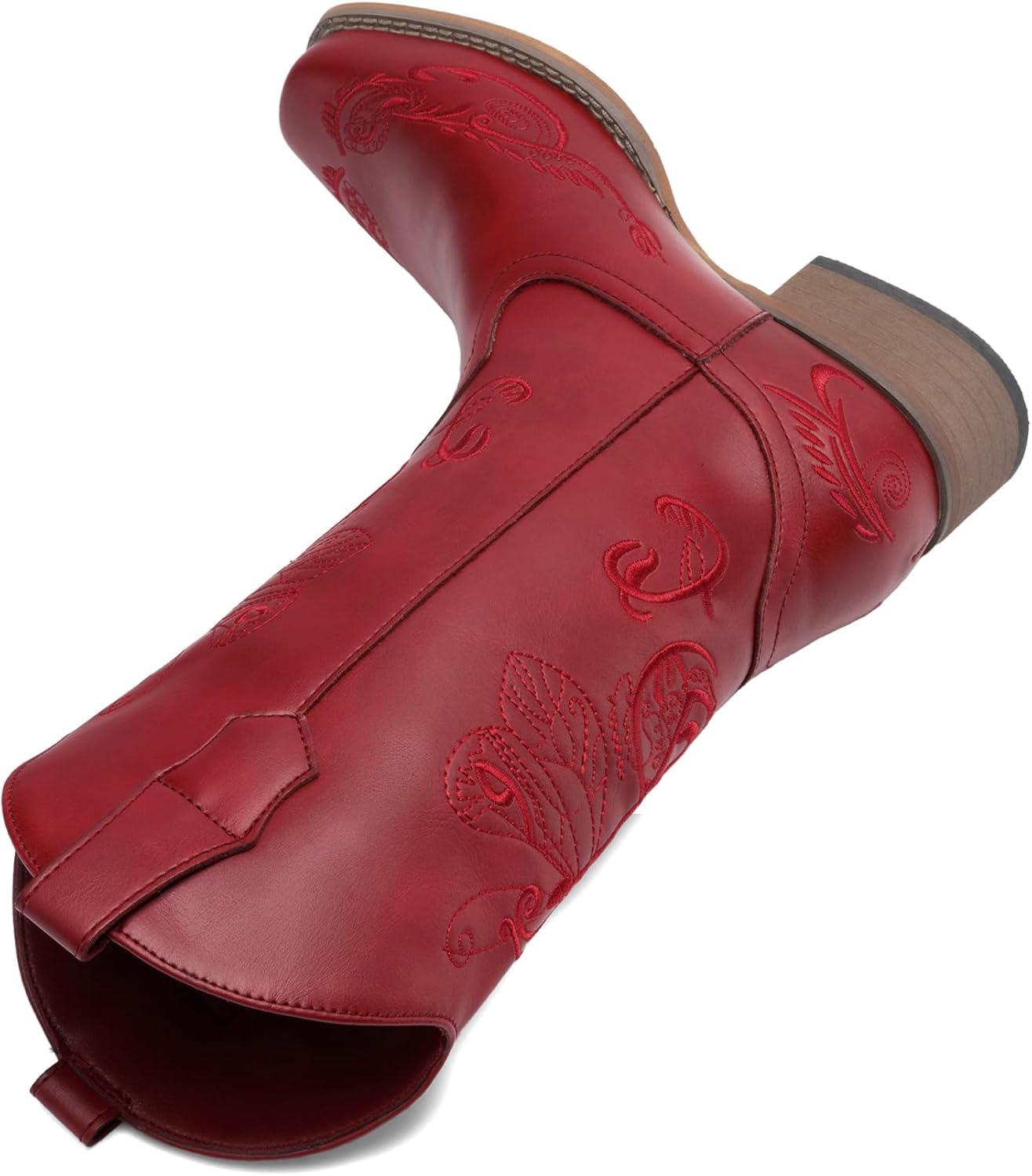 imageDREAM PAIRS Womens Square Toe Cowboy Cowgirl Boots Pull On Low Chunky Heel Mid Calf Western Boots with Embroidered Stitched for Theme Party Country ConcertRed