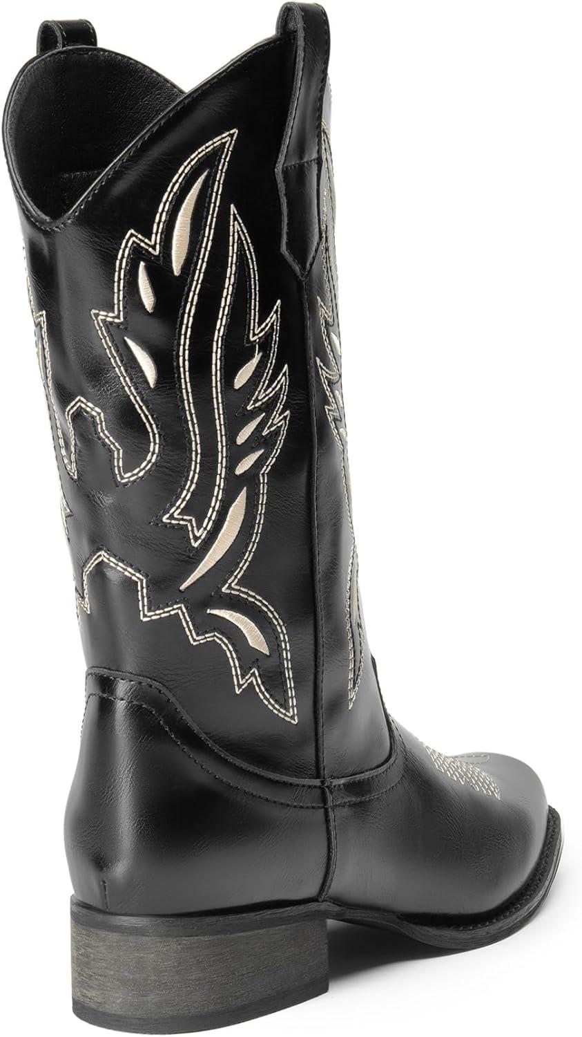 imageDREAM PAIRS Womens Square Toe Cowboy Cowgirl Boots Pull On Low Chunky Heel Mid Calf Western Boots with Embroidered Stitched for Theme Party Country ConcertBlack1