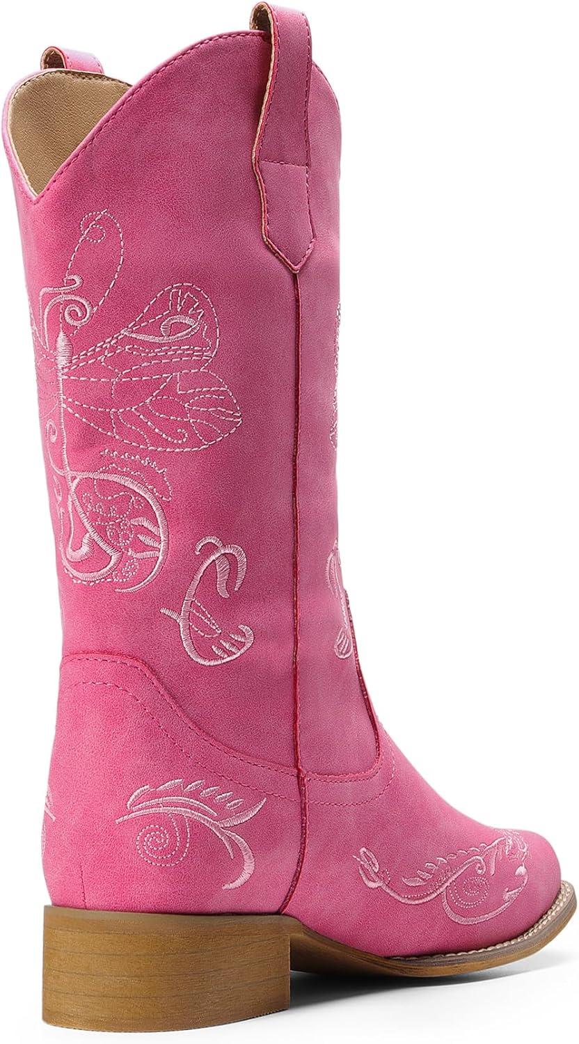 imageDREAM PAIRS Womens Square Toe Cowboy Cowgirl Boots Pull On Low Chunky Heel Mid Calf Western Boots with Embroidered Stitched for Theme Party Country ConcertPink