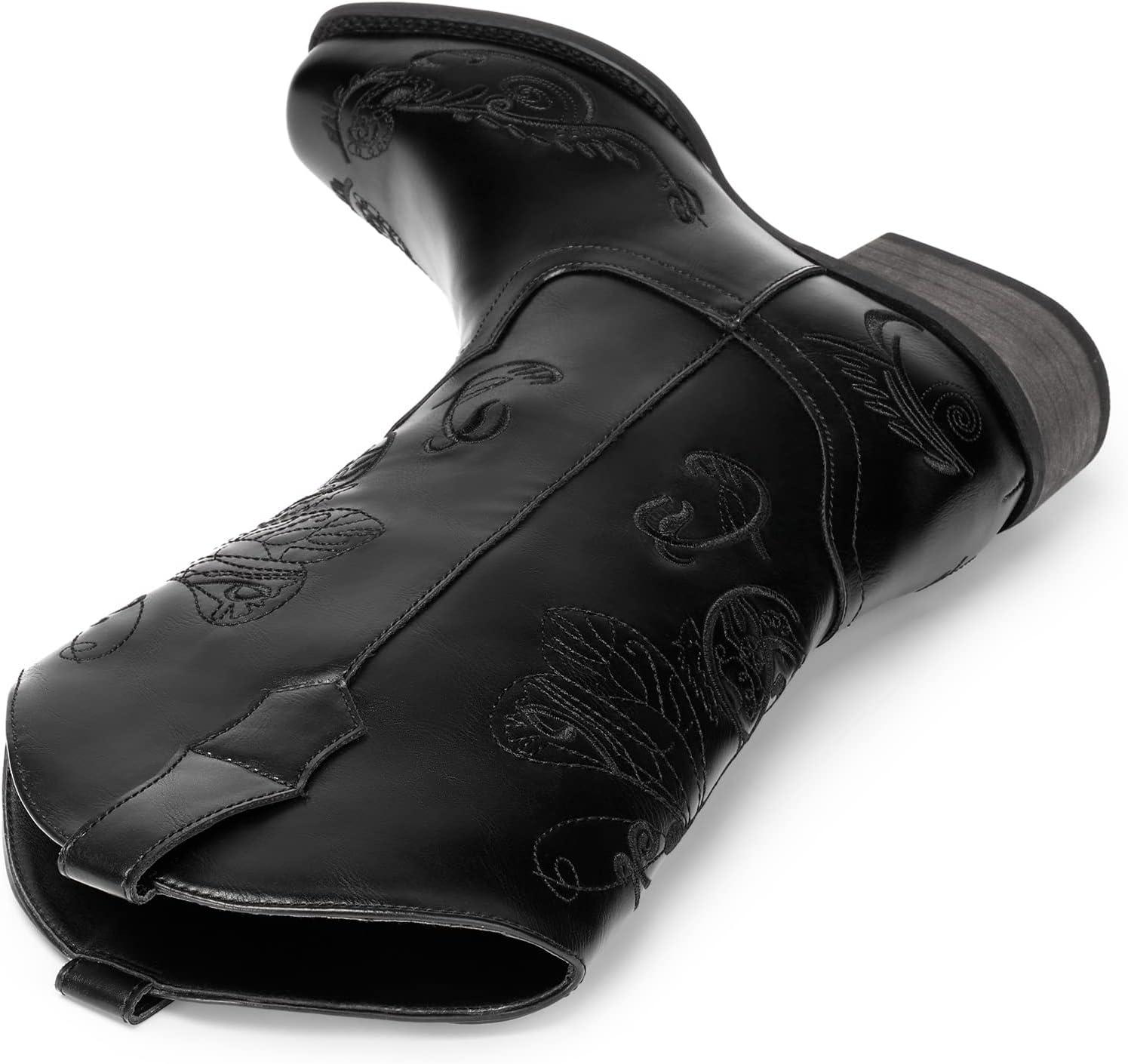 imageDREAM PAIRS Womens Square Toe Cowboy Cowgirl Boots Pull On Low Chunky Heel Mid Calf Western Boots with Embroidered Stitched for Theme Party Country ConcertBlack