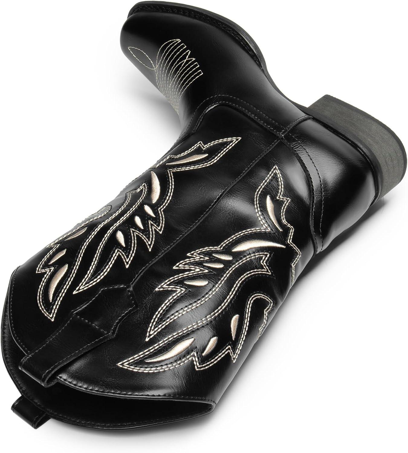 imageDREAM PAIRS Womens Square Toe Cowboy Cowgirl Boots Pull On Low Chunky Heel Mid Calf Western Boots with Embroidered Stitched for Theme Party Country ConcertBlack1