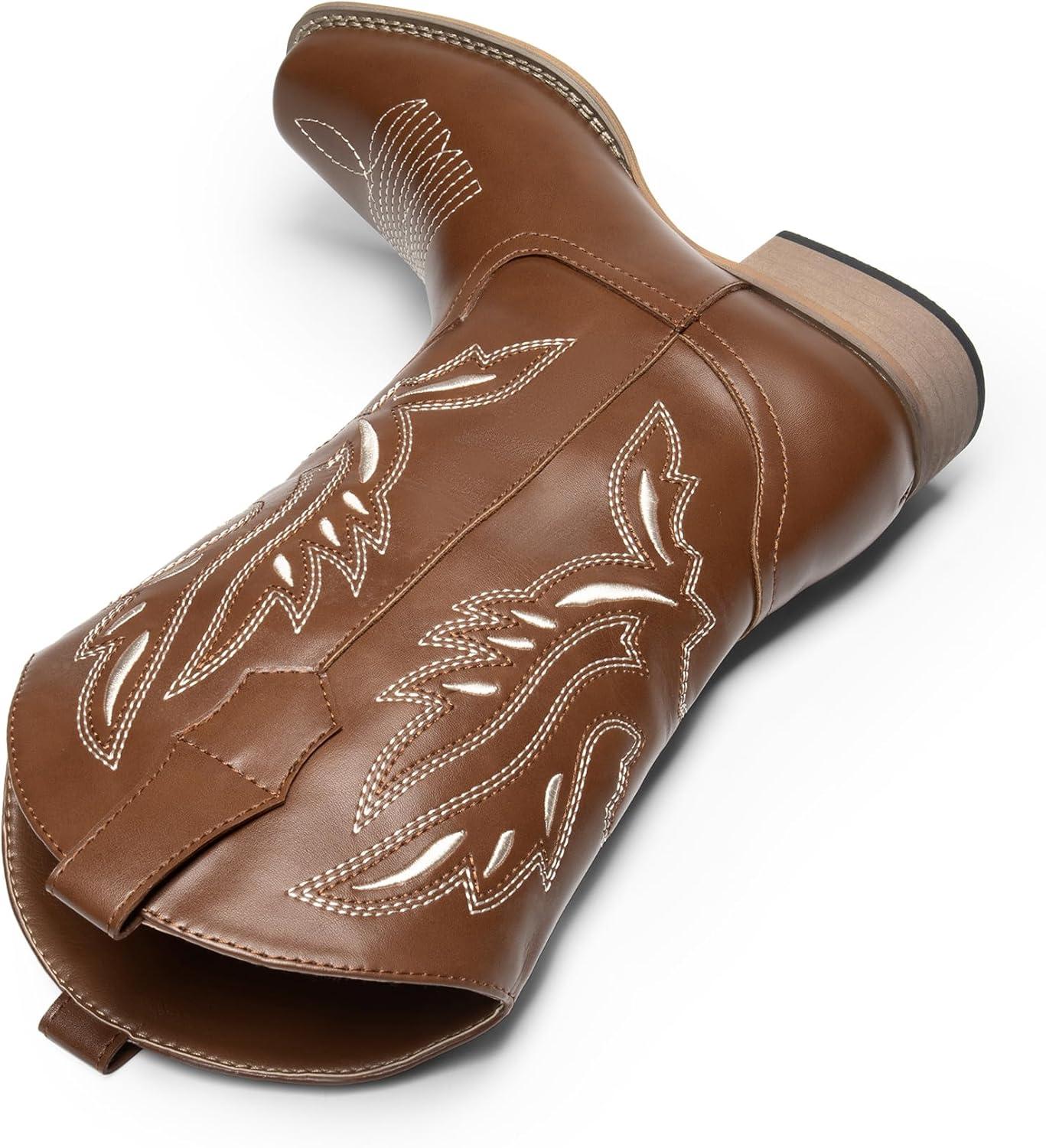 imageDREAM PAIRS Womens Square Toe Cowboy Cowgirl Boots Pull On Low Chunky Heel Mid Calf Western Boots with Embroidered Stitched for Theme Party Country ConcertBrown1