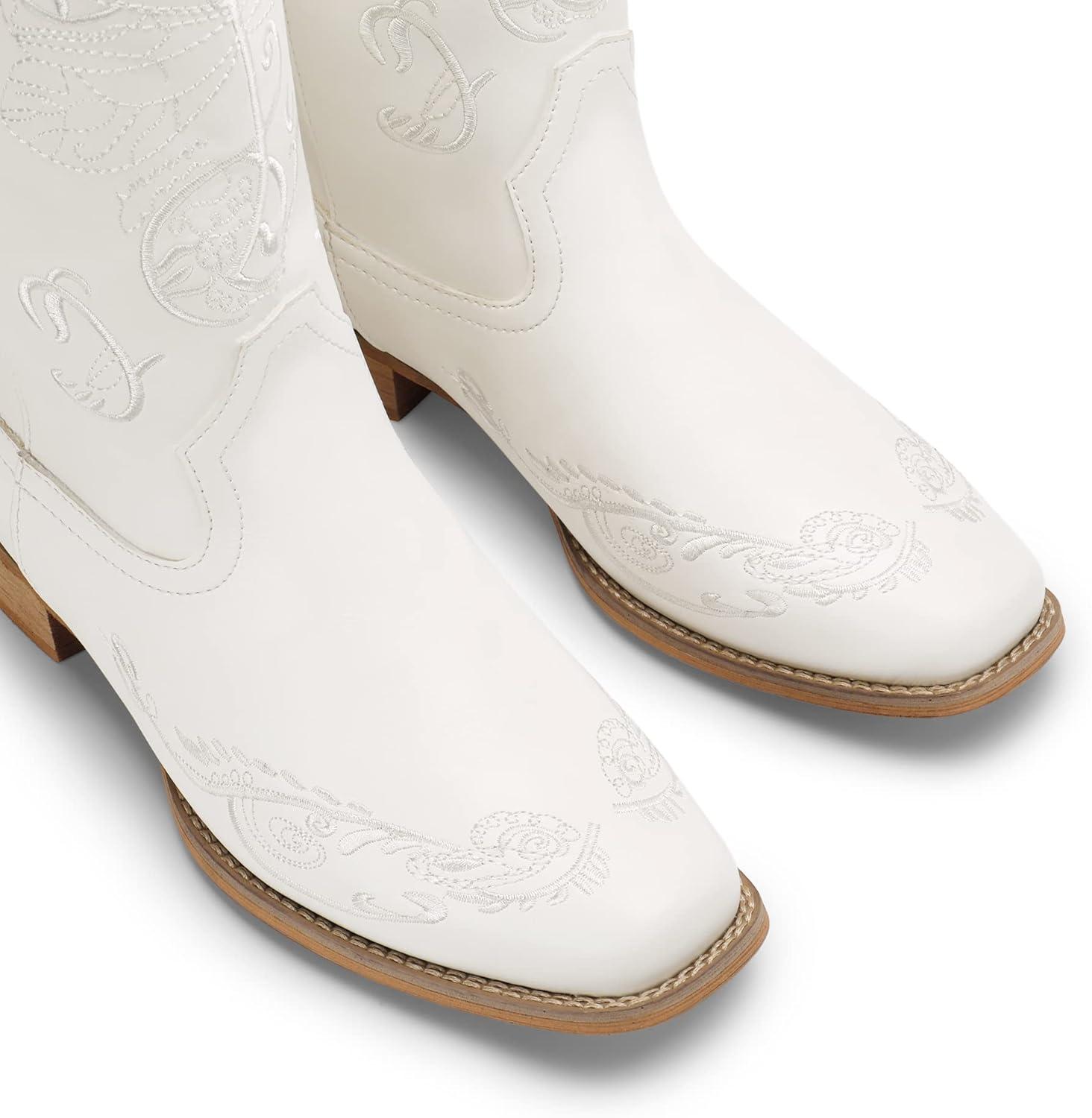 imageDREAM PAIRS Womens Square Toe Cowboy Cowgirl Boots Pull On Low Chunky Heel Mid Calf Western Boots with Embroidered Stitched for Theme Party Country ConcertWhite