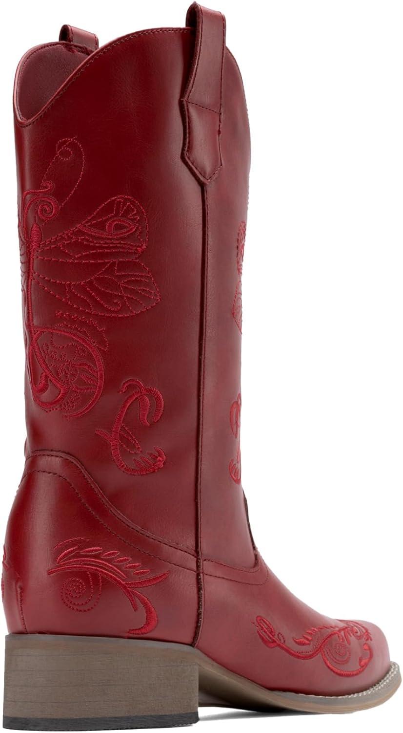 imageDREAM PAIRS Womens Square Toe Cowboy Cowgirl Boots Pull On Low Chunky Heel Mid Calf Western Boots with Embroidered Stitched for Theme Party Country ConcertRed