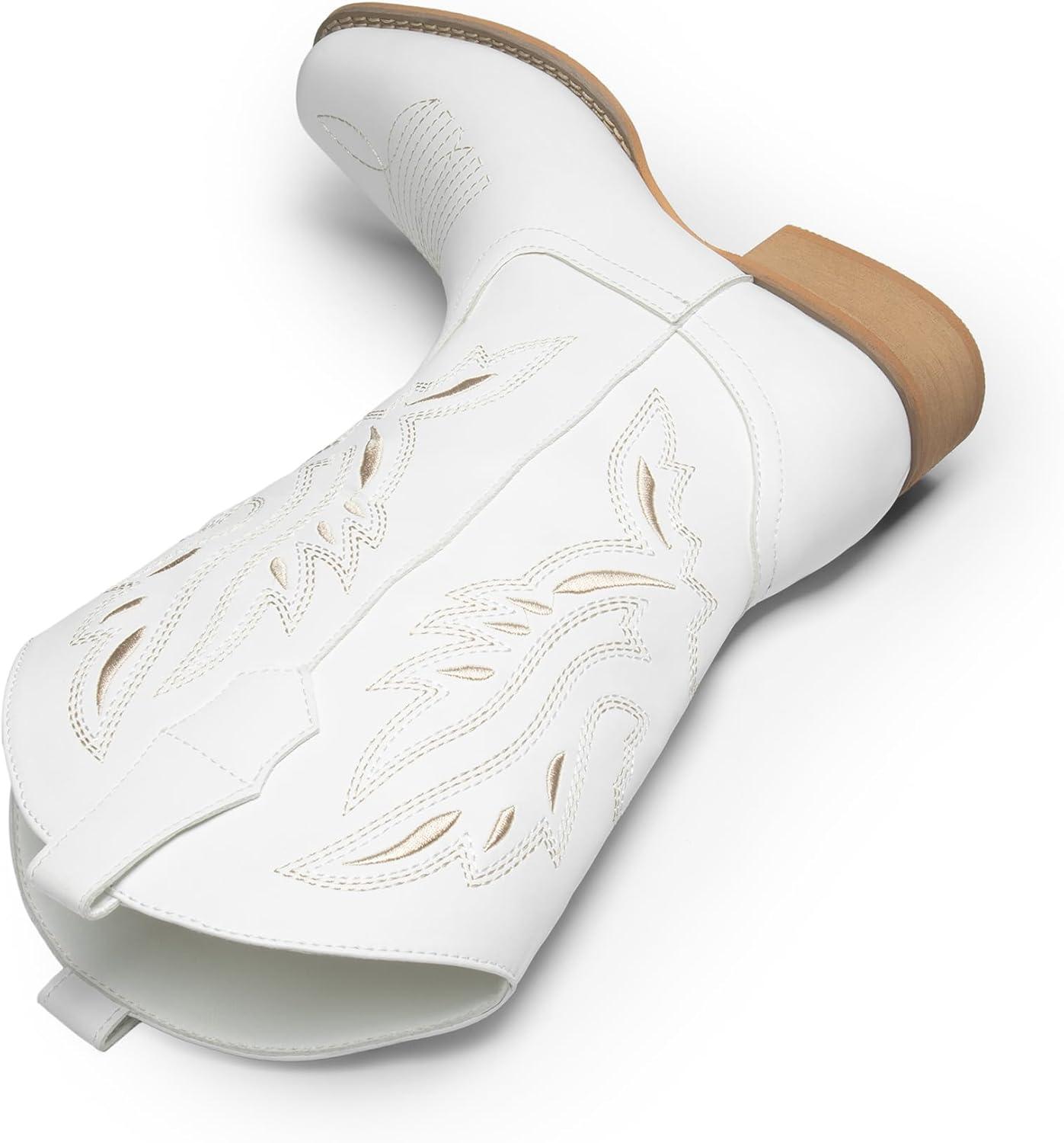 imageDREAM PAIRS Womens Square Toe Cowboy Cowgirl Boots Pull On Low Chunky Heel Mid Calf Western Boots with Embroidered Stitched for Theme Party Country ConcertWhite1