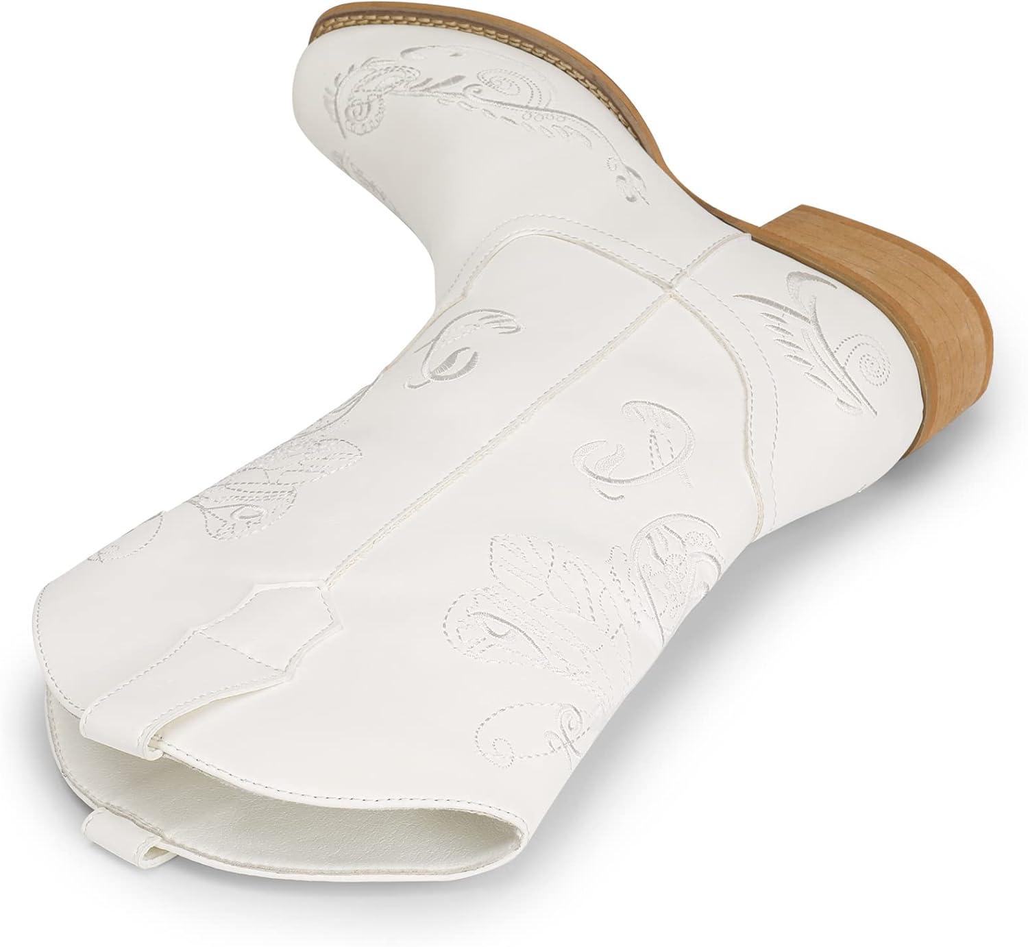 imageDREAM PAIRS Womens Square Toe Cowboy Cowgirl Boots Pull On Low Chunky Heel Mid Calf Western Boots with Embroidered Stitched for Theme Party Country ConcertWhite