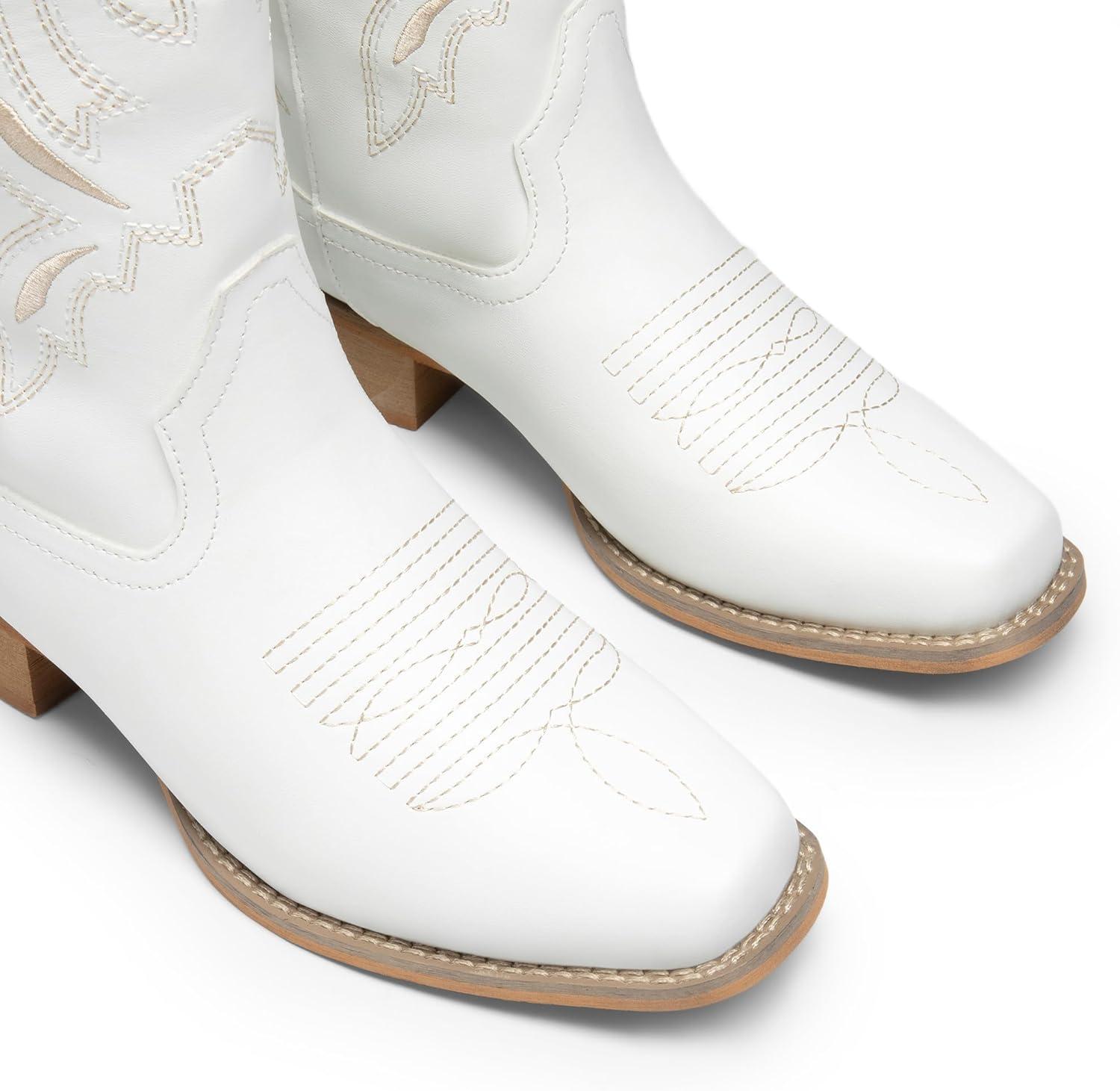 imageDREAM PAIRS Womens Square Toe Cowboy Cowgirl Boots Pull On Low Chunky Heel Mid Calf Western Boots with Embroidered Stitched for Theme Party Country ConcertWhite1