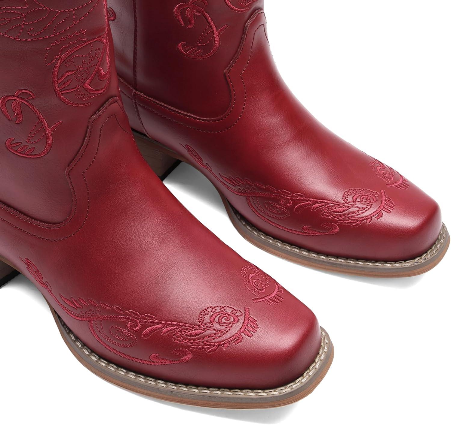 imageDREAM PAIRS Womens Square Toe Cowboy Cowgirl Boots Pull On Low Chunky Heel Mid Calf Western Boots with Embroidered Stitched for Theme Party Country ConcertRed