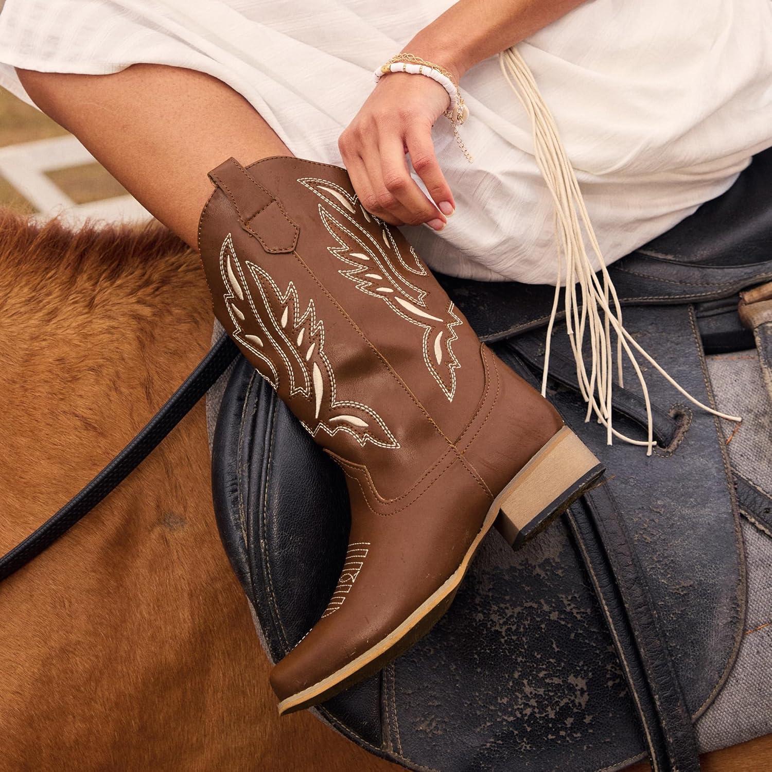 imageDREAM PAIRS Womens Square Toe Cowboy Cowgirl Boots Pull On Low Chunky Heel Mid Calf Western Boots with Embroidered Stitched for Theme Party Country ConcertBrown1