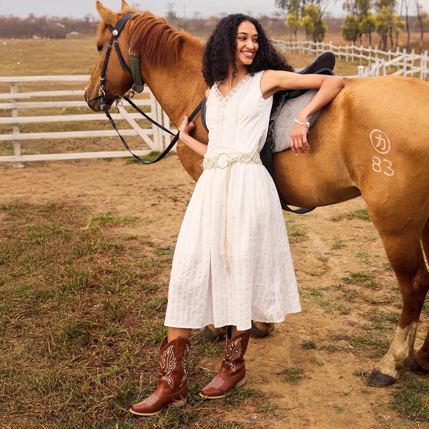 imageDREAM PAIRS Womens Square Toe Cowboy Cowgirl Boots Pull On Low Chunky Heel Mid Calf Western Boots with Embroidered Stitched for Theme Party Country ConcertBrown1
