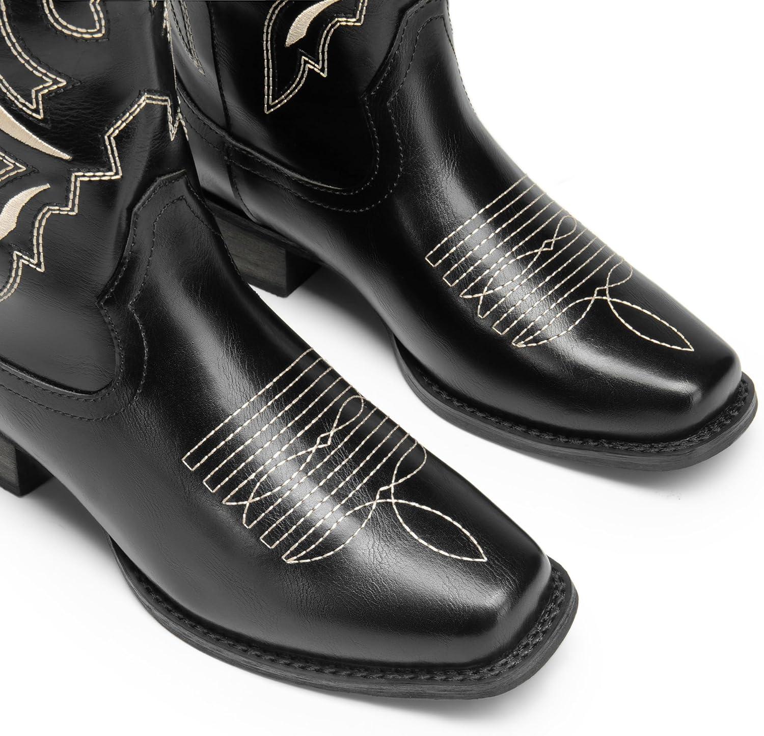imageDREAM PAIRS Womens Square Toe Cowboy Cowgirl Boots Pull On Low Chunky Heel Mid Calf Western Boots with Embroidered Stitched for Theme Party Country ConcertBlack1