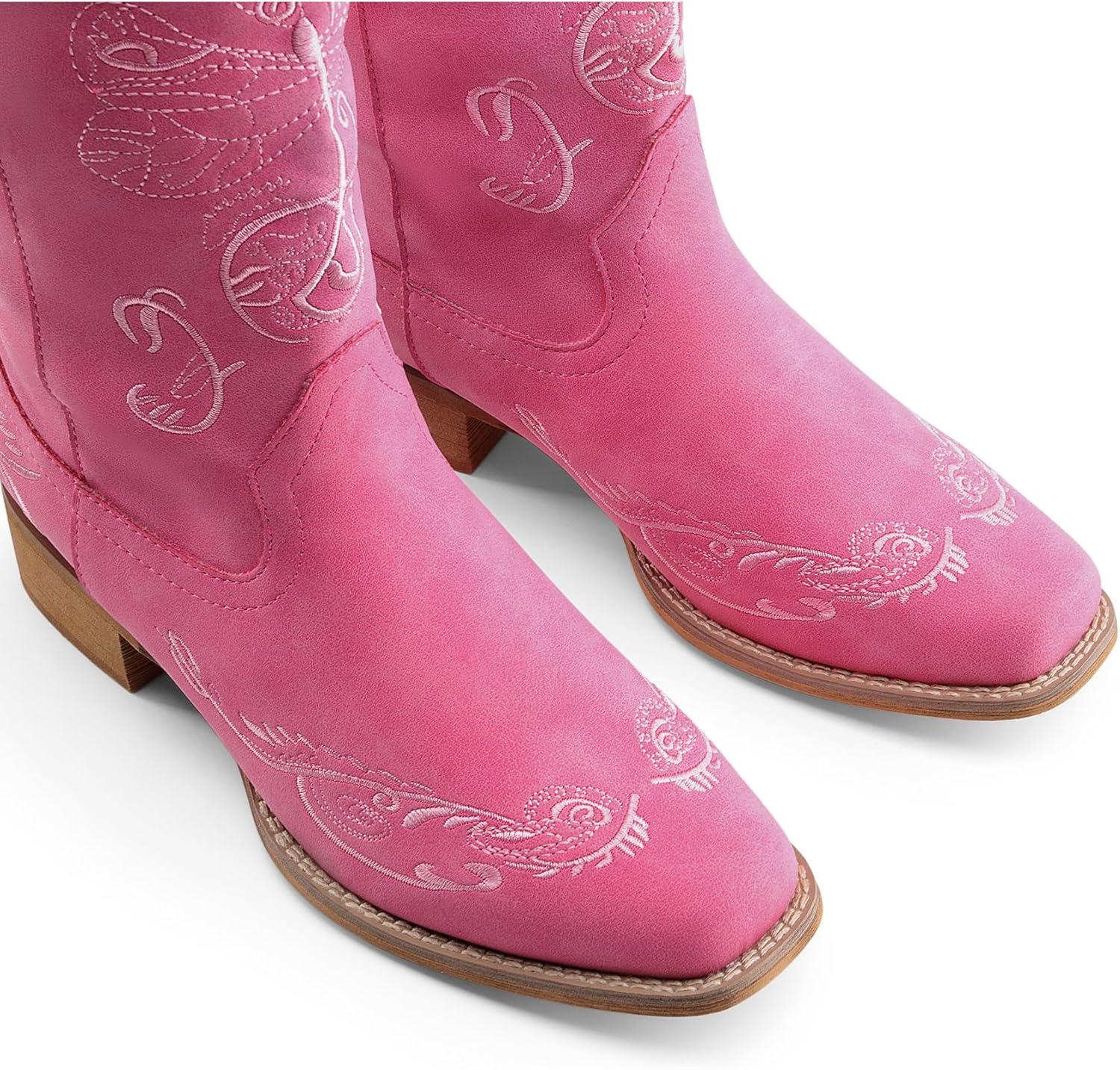 imageDREAM PAIRS Womens Square Toe Cowboy Cowgirl Boots Pull On Low Chunky Heel Mid Calf Western Boots with Embroidered Stitched for Theme Party Country ConcertPink