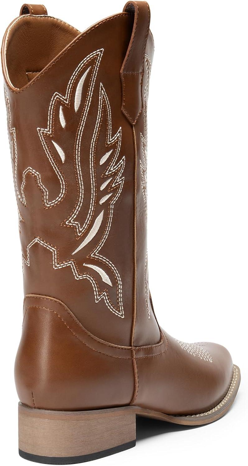 imageDREAM PAIRS Womens Square Toe Cowboy Cowgirl Boots Pull On Low Chunky Heel Mid Calf Western Boots with Embroidered Stitched for Theme Party Country ConcertBrown1