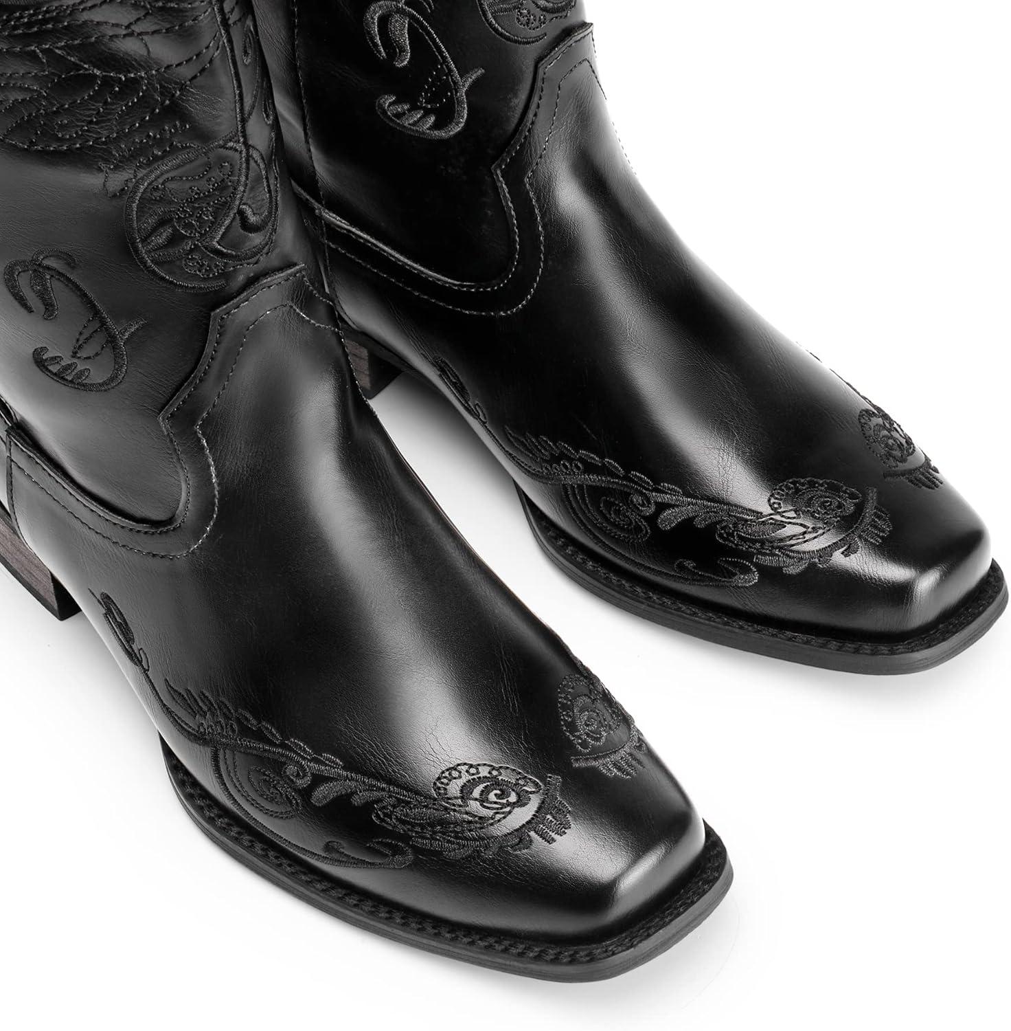 imageDREAM PAIRS Womens Square Toe Cowboy Cowgirl Boots Pull On Low Chunky Heel Mid Calf Western Boots with Embroidered Stitched for Theme Party Country ConcertBlack