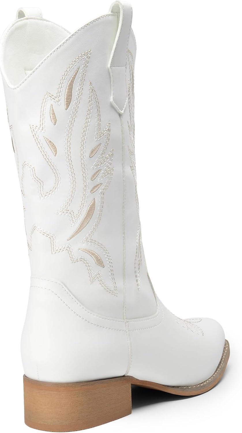 imageDREAM PAIRS Womens Square Toe Cowboy Cowgirl Boots Pull On Low Chunky Heel Mid Calf Western Boots with Embroidered Stitched for Theme Party Country ConcertWhite1