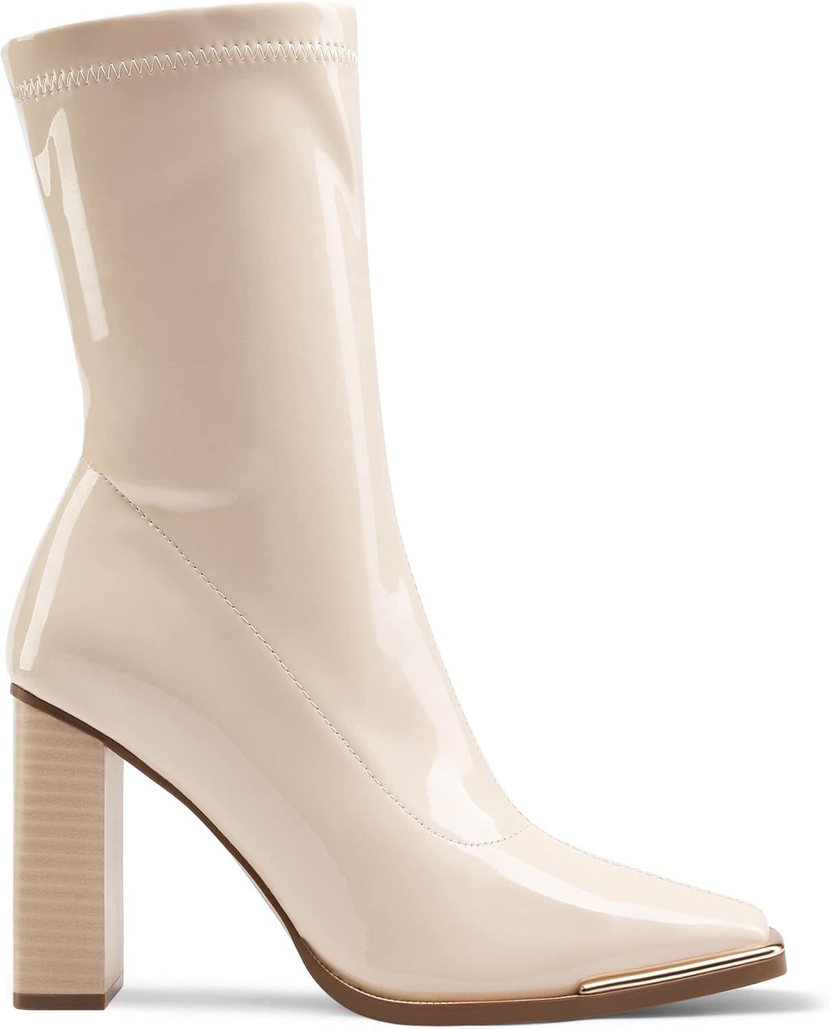 imageDREAM PAIRS Womens Square Toe Gogo Boots Elastic Ankle Boots High Chunky Block Heel Mid Calf BootsBeige WhitePu