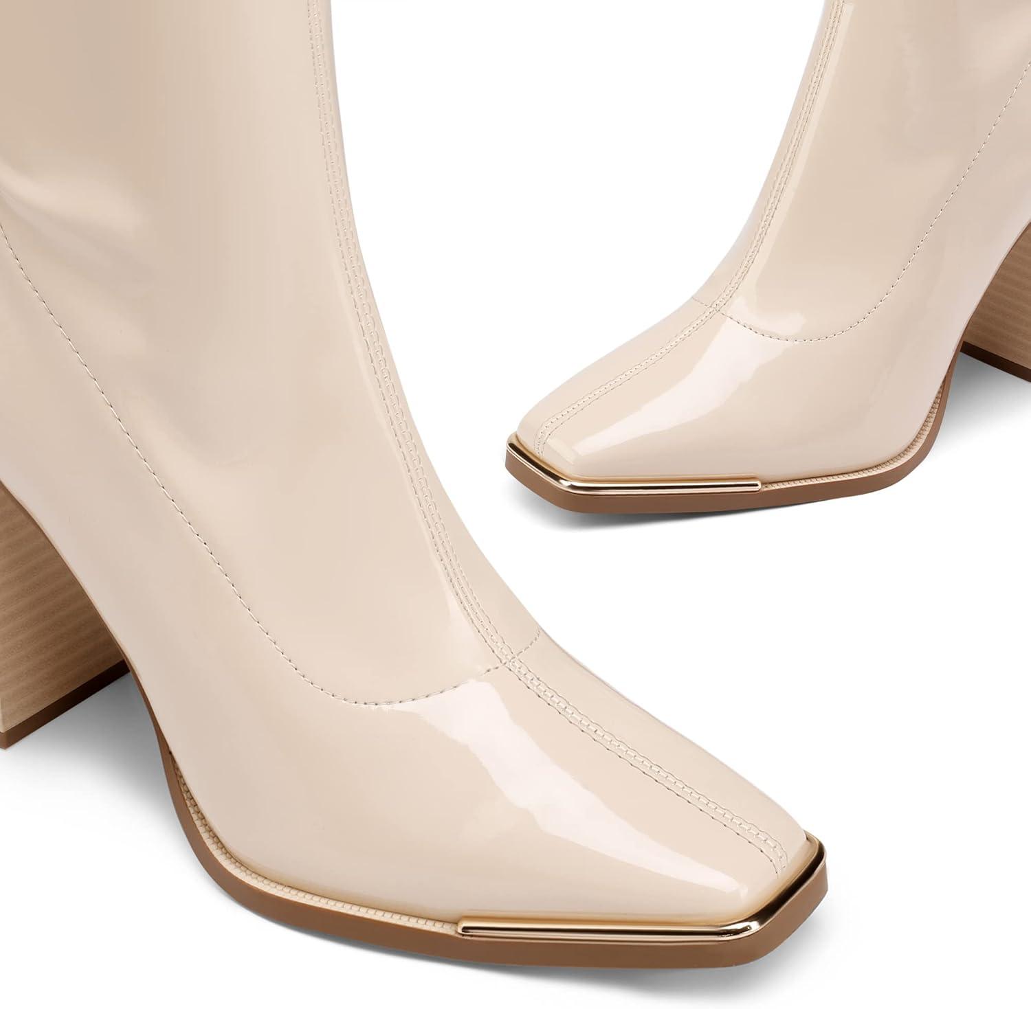 imageDREAM PAIRS Womens Square Toe Gogo Boots Elastic Ankle Boots High Chunky Block Heel Mid Calf BootsBeige WhitePu