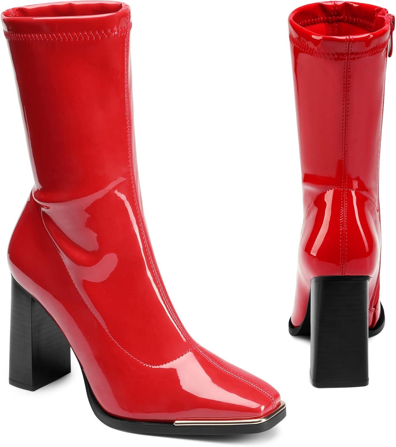 imageDREAM PAIRS Womens Square Toe Gogo Boots Elastic Ankle Boots High Chunky Block Heel Mid Calf BootsRedPu