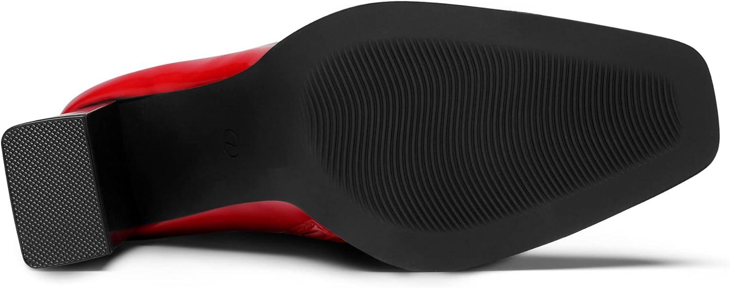 imageDREAM PAIRS Womens Square Toe Gogo Boots Elastic Ankle Boots High Chunky Block Heel Mid Calf BootsRedPu