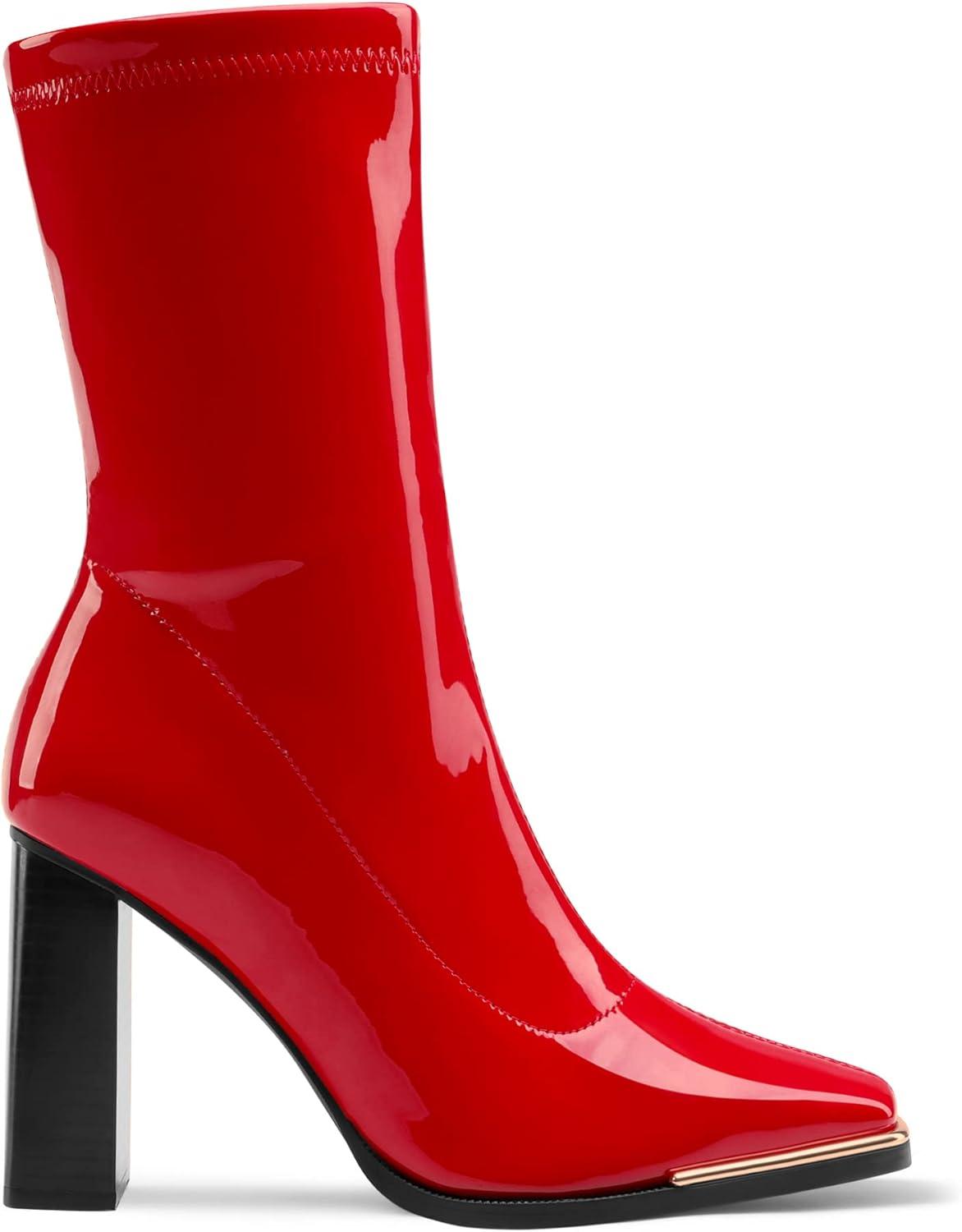 imageDREAM PAIRS Womens Square Toe Gogo Boots Elastic Ankle Boots High Chunky Block Heel Mid Calf BootsRedPu