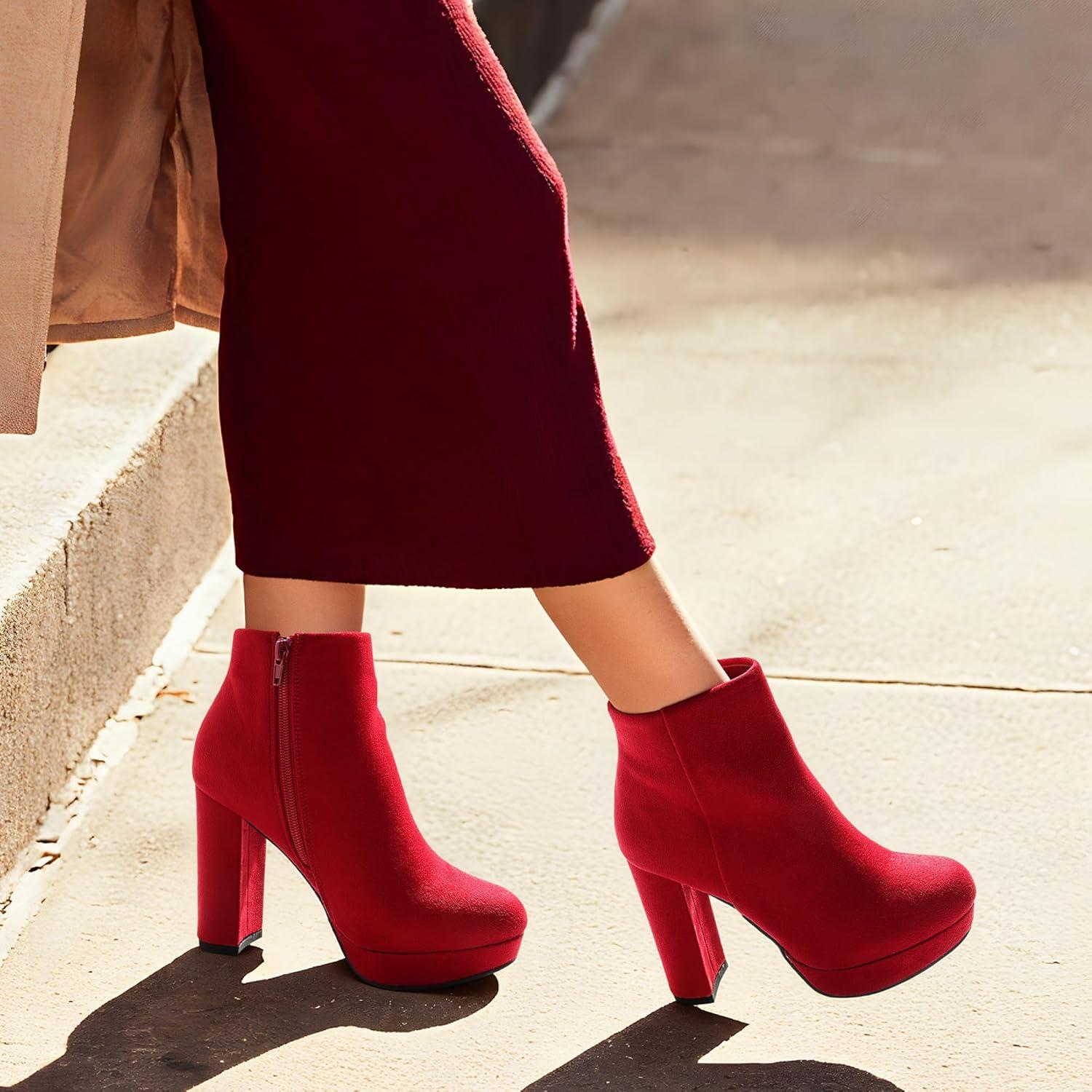 imageDREAM PAIRS Womens Stomp High Heel Ankle BootsRed