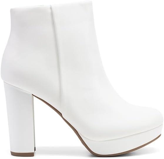 imageDREAM PAIRS Womens Stomp High Heel Ankle BootsWhitePu