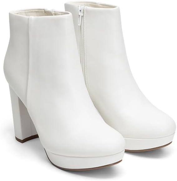 imageDREAM PAIRS Womens Stomp High Heel Ankle BootsWhitePu