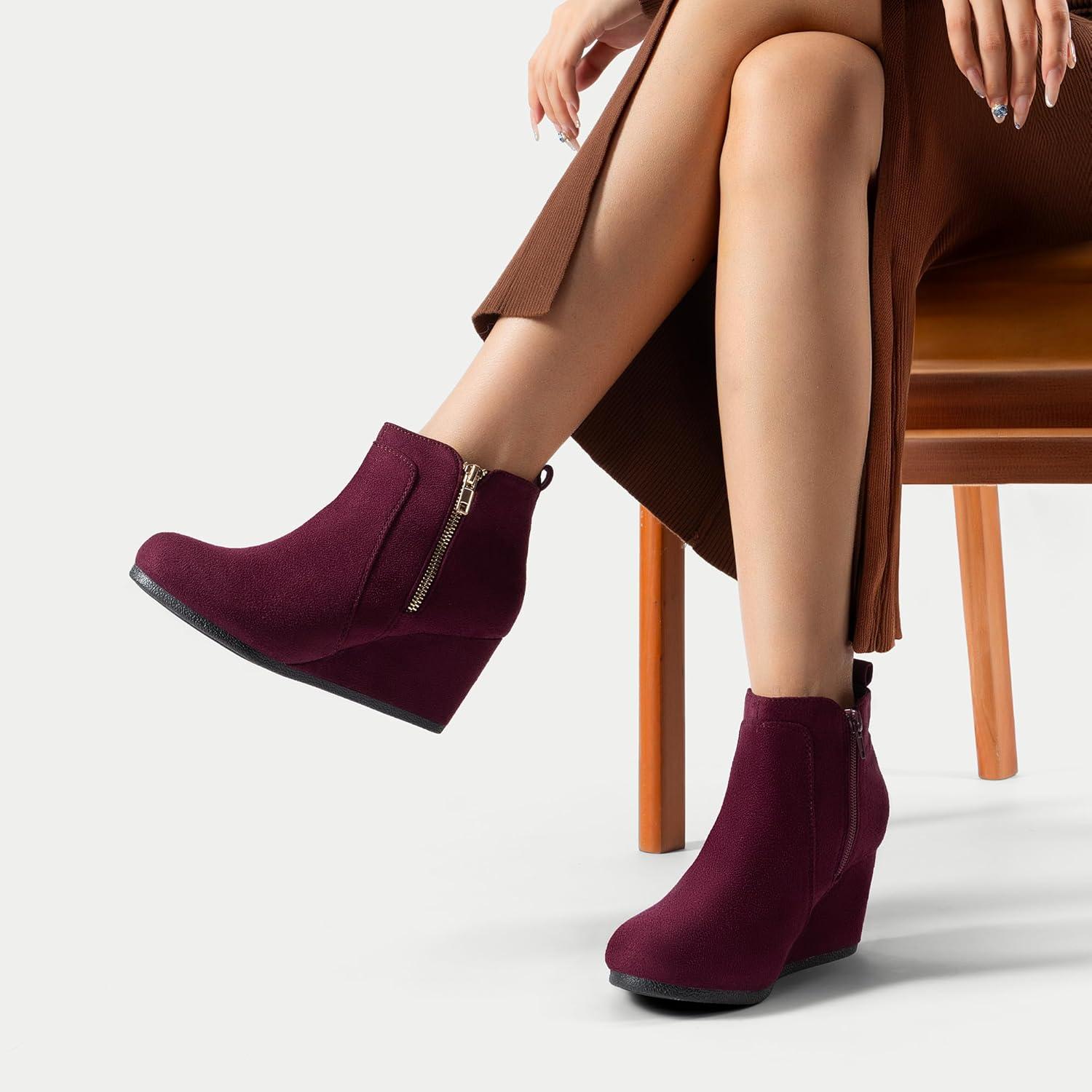 imageDREAM PAIRS Womens Suede Low Wedges Ankle BootsBurgundySuede