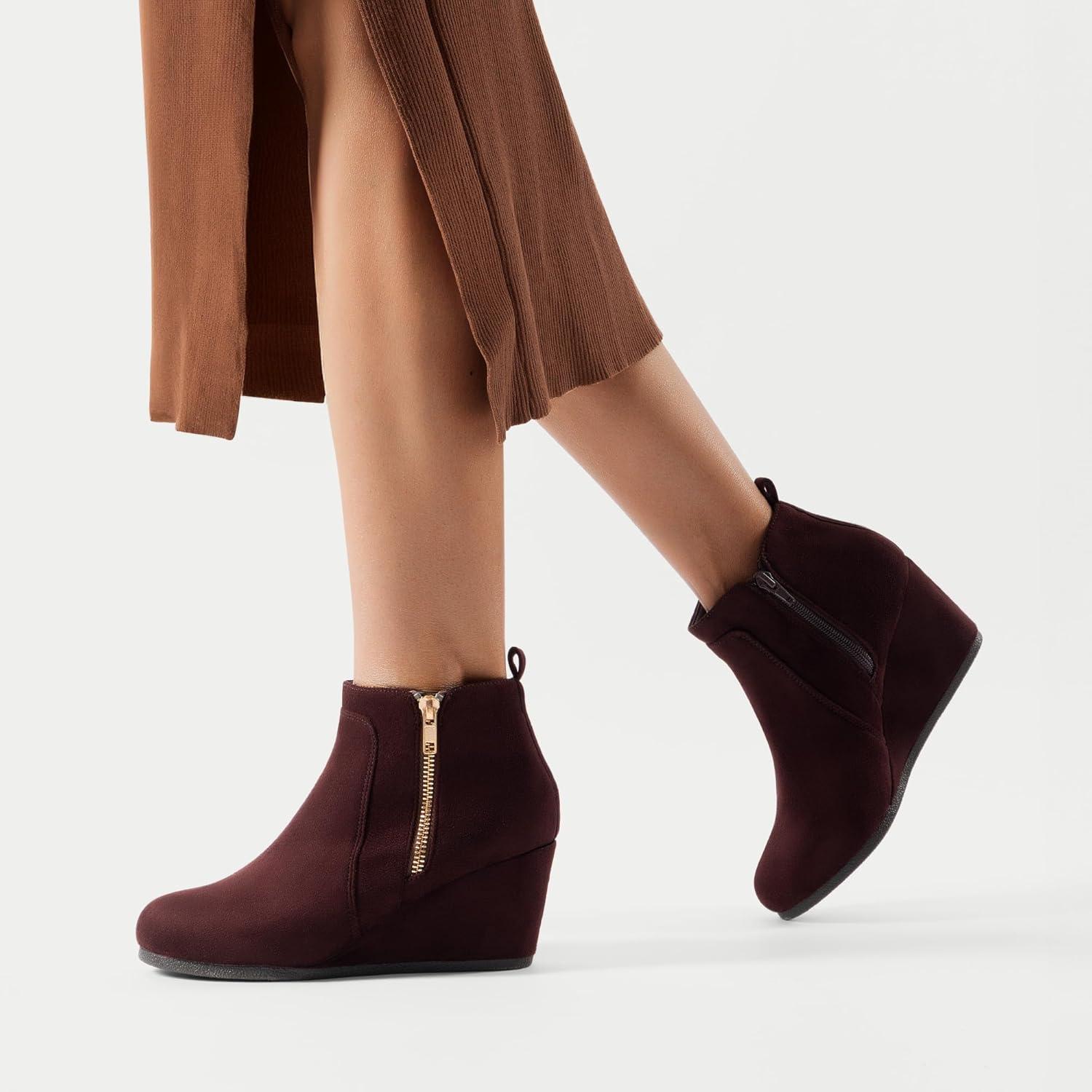 imageDREAM PAIRS Womens Suede Low Wedges Ankle BootsBurgundySuede