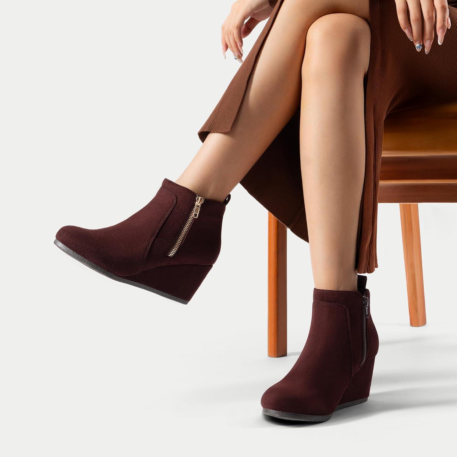 imageDREAM PAIRS Womens Suede Low Wedges Ankle BootsCoffeeSuede