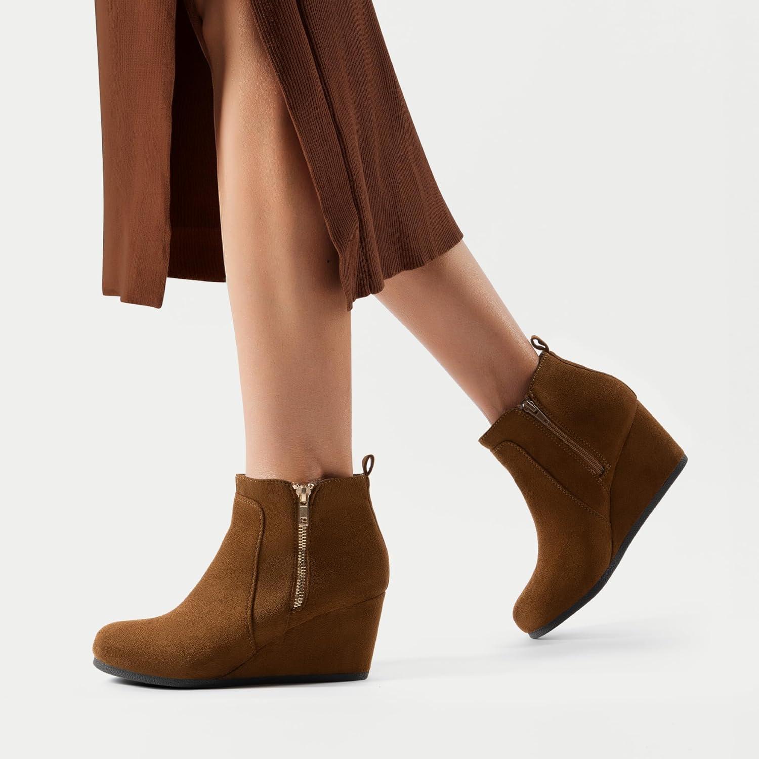 imageDREAM PAIRS Womens Suede Low Wedges Ankle BootsTanSuede