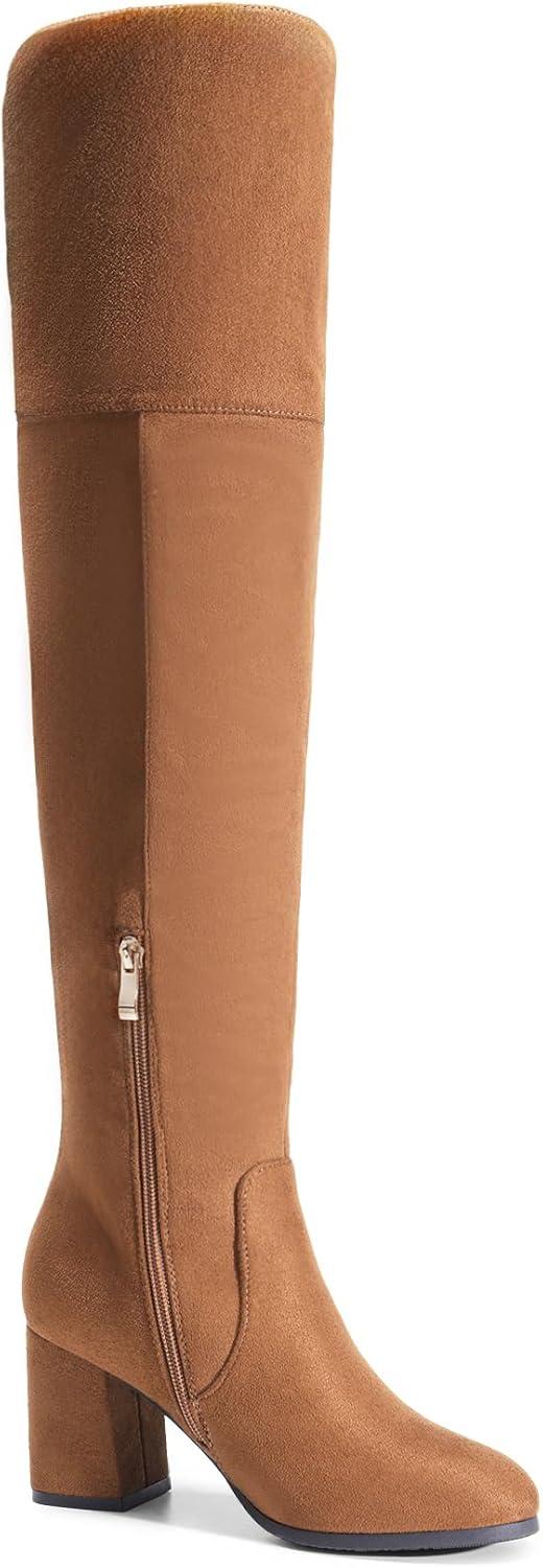 imageDREAM PAIRS Womens Thigh High Block Heel Over The Knee BootsBrownsuede