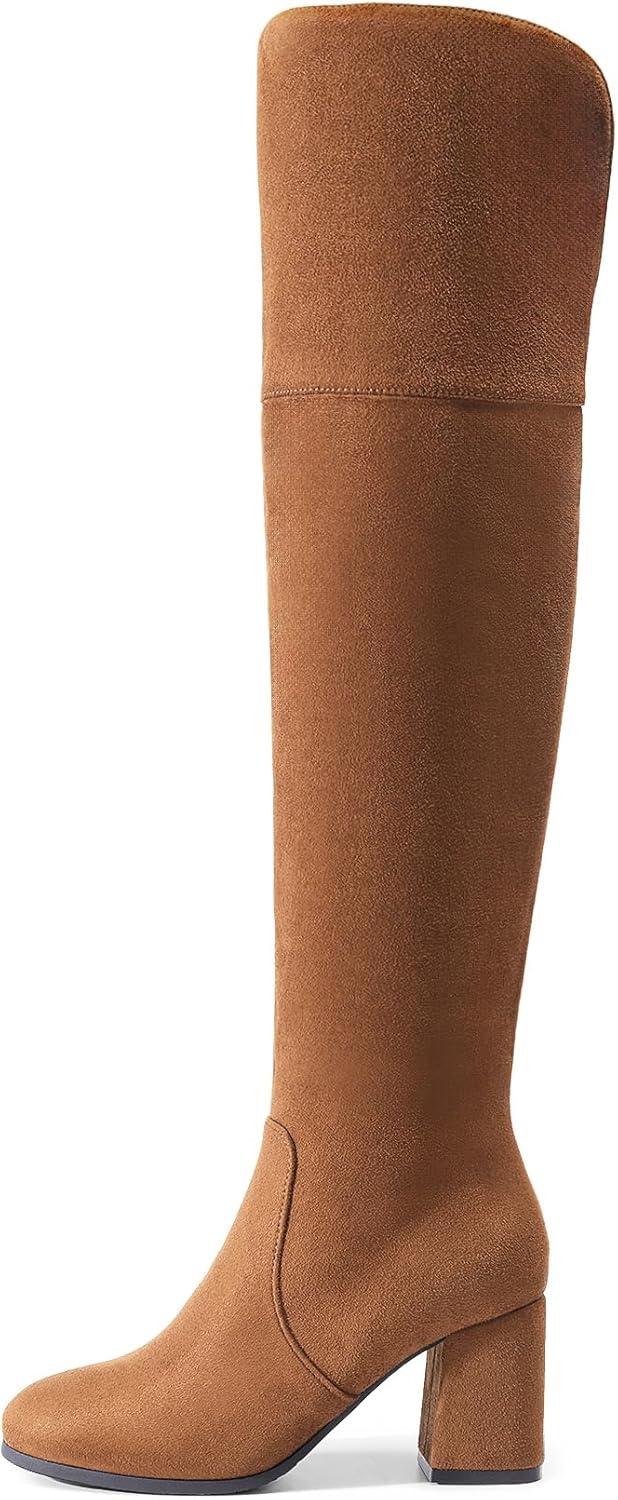 imageDREAM PAIRS Womens Thigh High Block Heel Over The Knee BootsBrownsuede