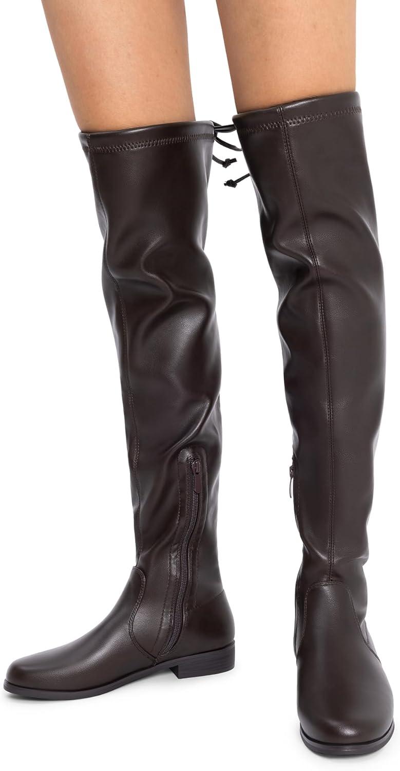 imageDREAM PAIRS Womens Thigh High Boots Low Block Heel Casual Fashion Over the Knee BootsBrownpu