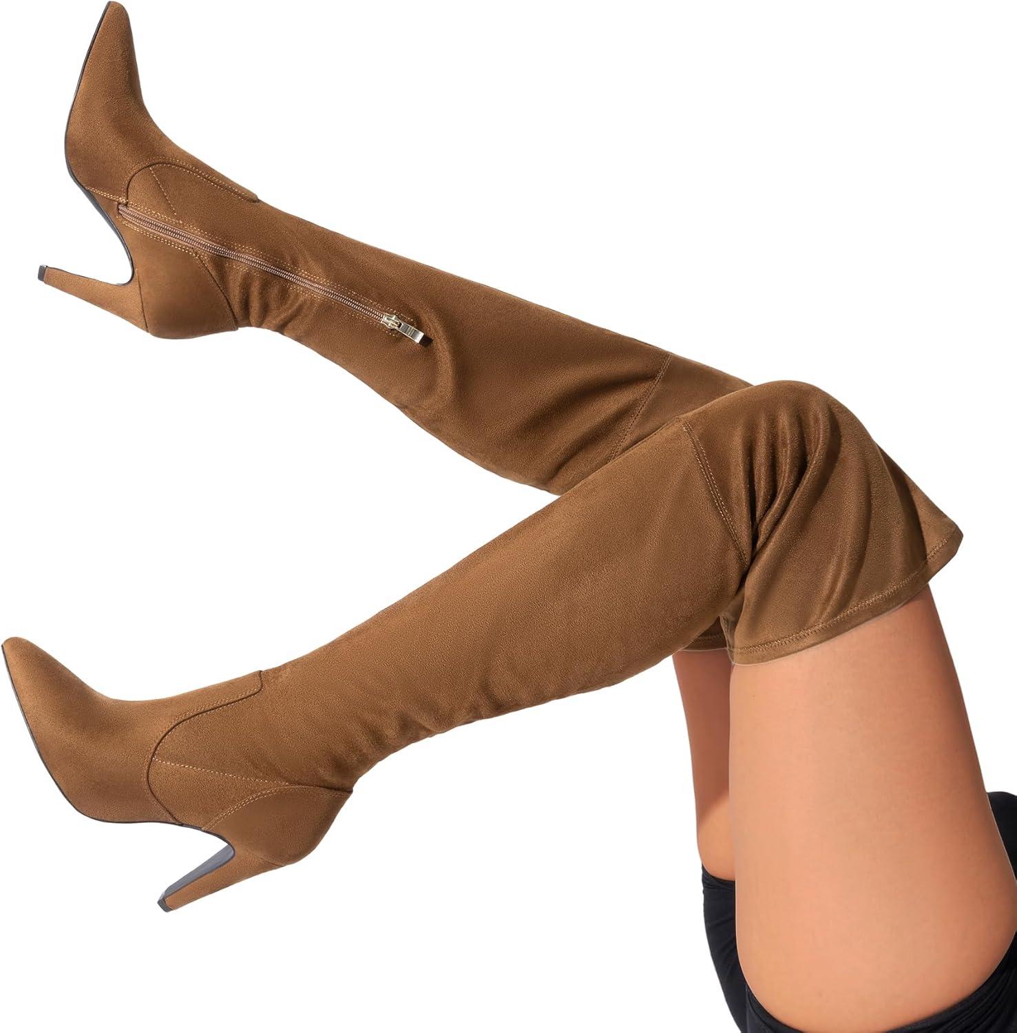 imageDREAM PAIRS Womens Thigh High Boots Over The Knee Heels Long Sexy Pointed Toe BootsBrownSuede