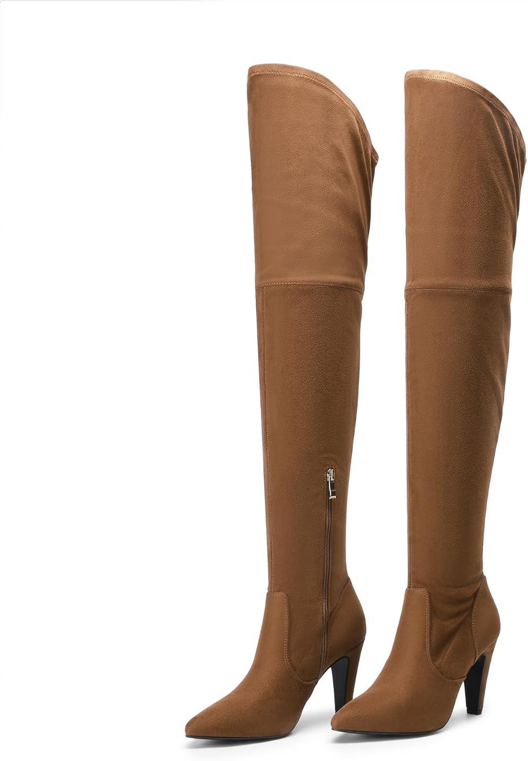 imageDREAM PAIRS Womens Thigh High Boots Over The Knee Heels Long Sexy Pointed Toe BootsBrownSuede