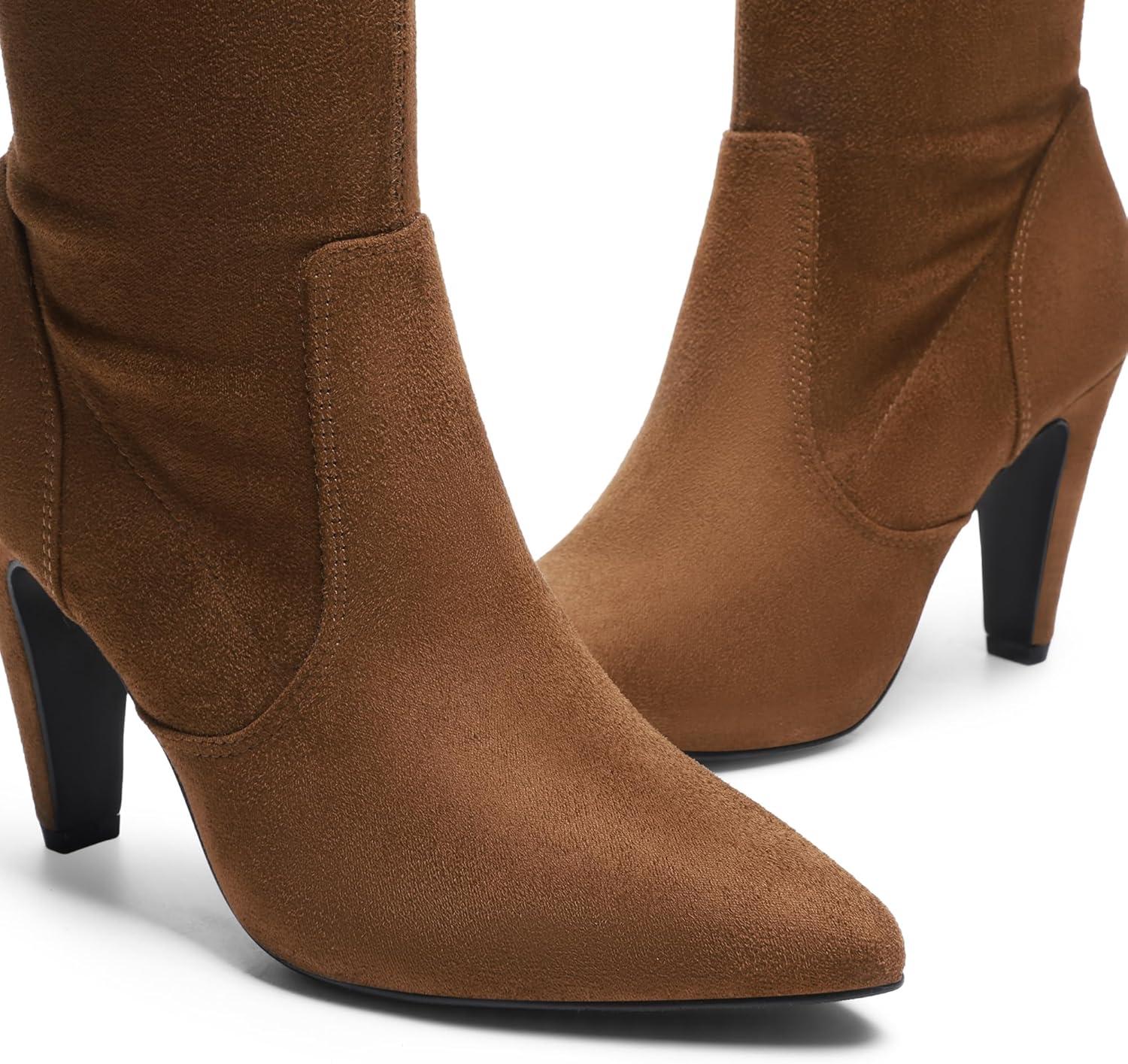 imageDREAM PAIRS Womens Thigh High Boots Over The Knee Heels Long Sexy Pointed Toe BootsBrownSuede