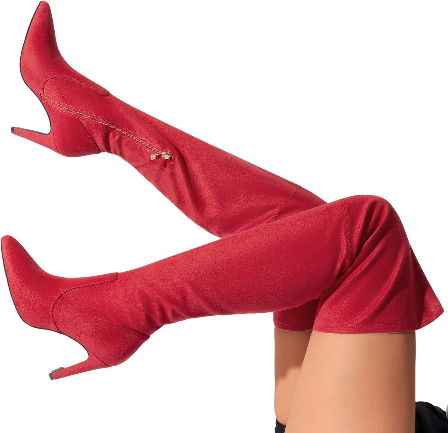 imageDREAM PAIRS Womens Thigh High Boots Over The Knee Heels Long Sexy Pointed Toe BootsRedSuede