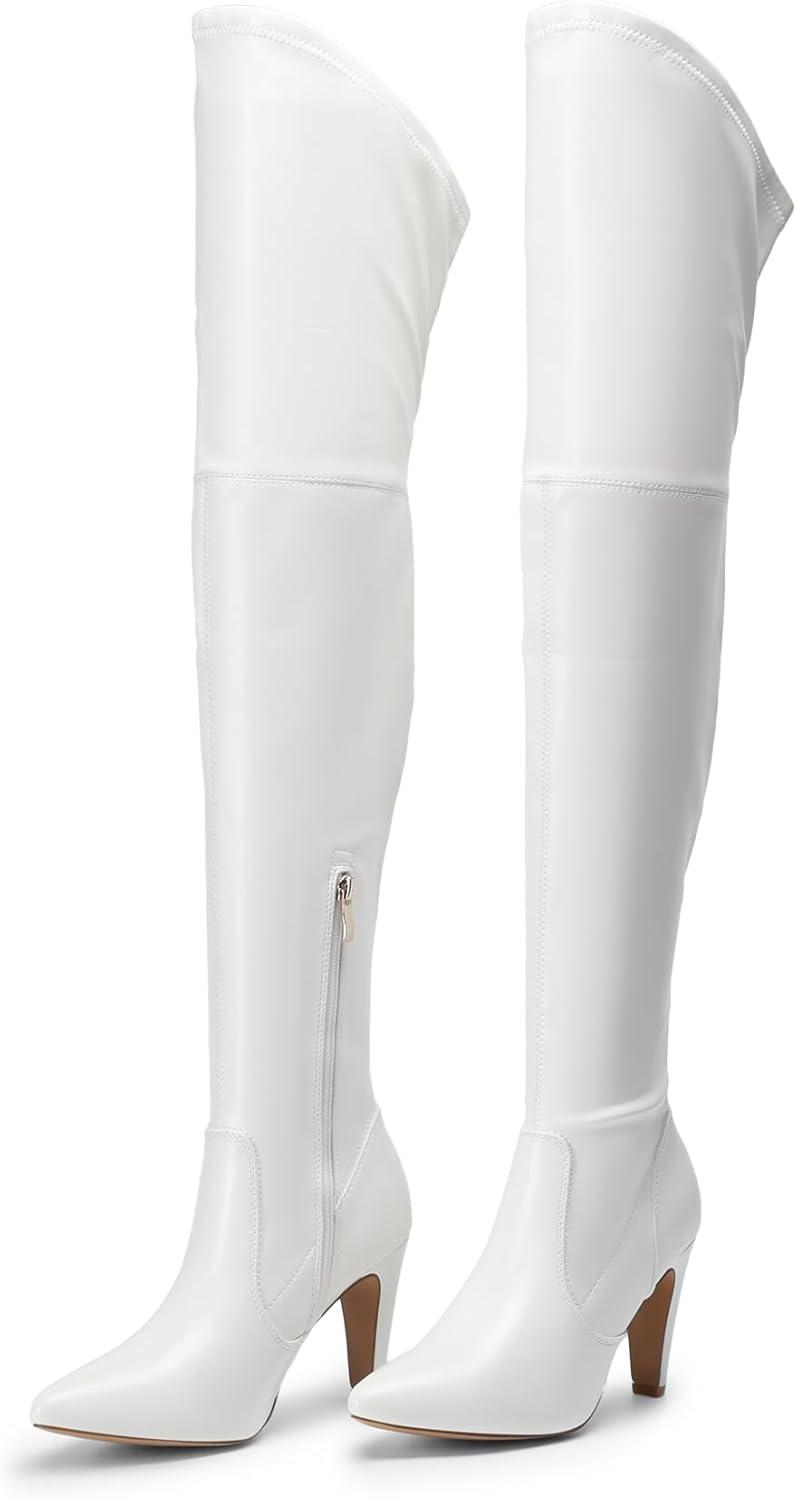 imageDREAM PAIRS Womens Thigh High Boots Over The Knee Heels Long Sexy Pointed Toe BootsWhitePu