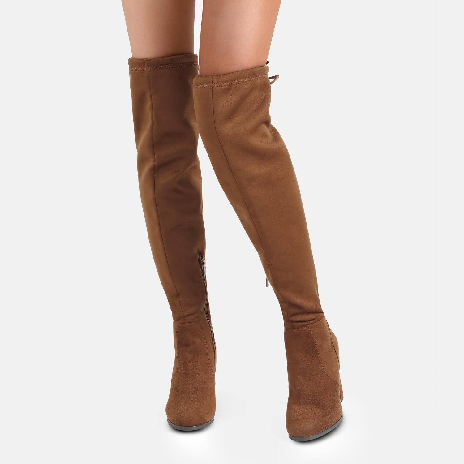 imageDREAM PAIRS Womens Thigh High Over The Knee Fashion Boots Block Mid Heel Long Sexy Faux Fur BootsBrownSuede