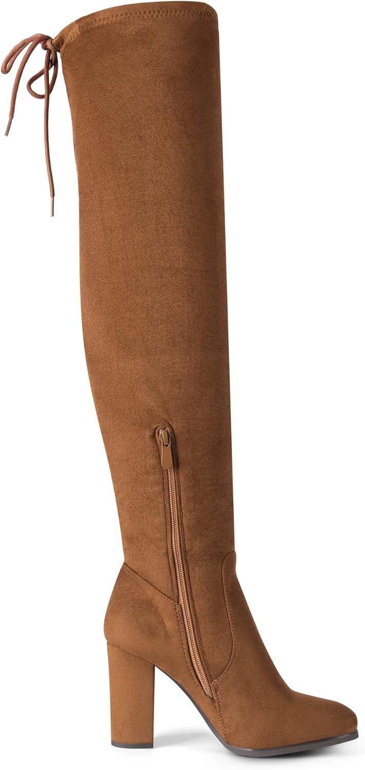 imageDREAM PAIRS Womens Thigh High Over The Knee Fashion Boots Block Mid Heel Long Sexy Faux Fur BootsBrownSuede