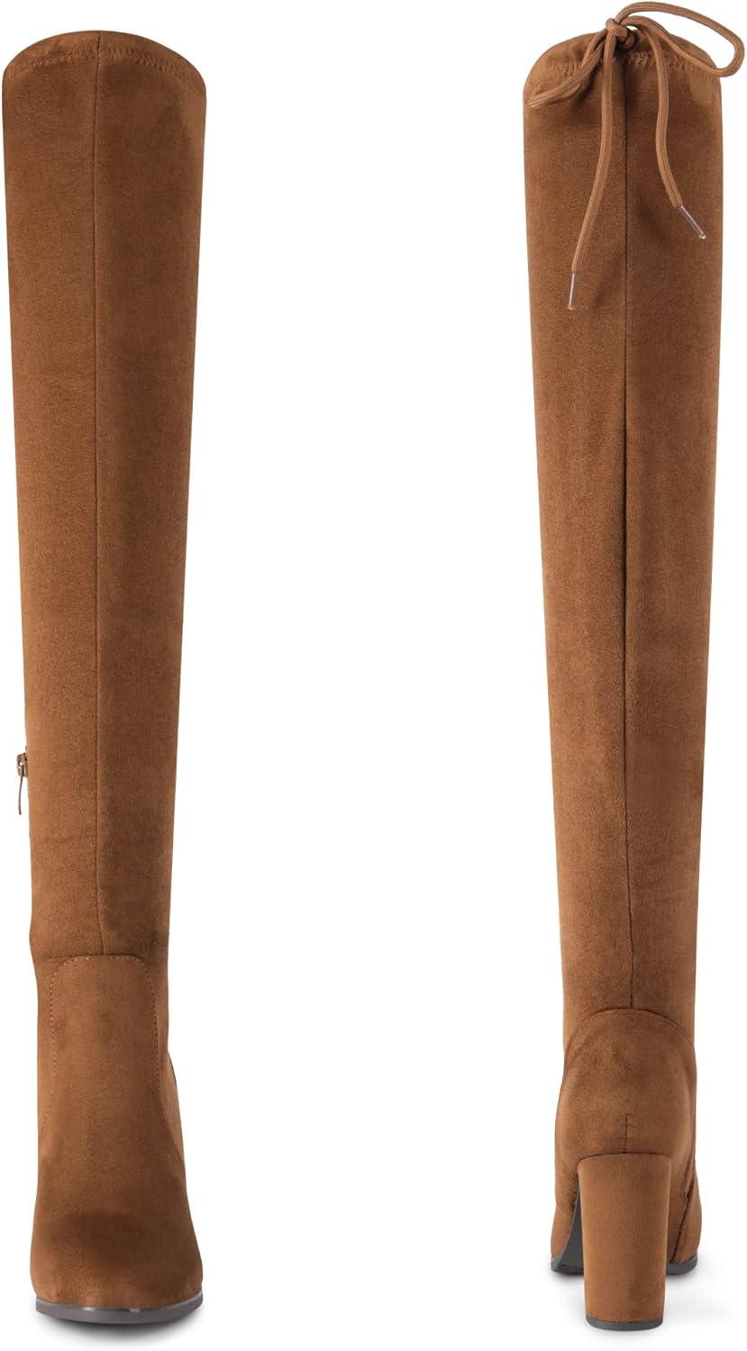 imageDREAM PAIRS Womens Thigh High Over The Knee Fashion Boots Block Mid Heel Long Sexy Faux Fur BootsBrownSuede